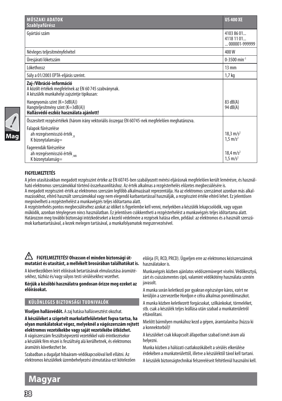 Magyar | AEG US 400 XE User Manual | Page 40 / 62