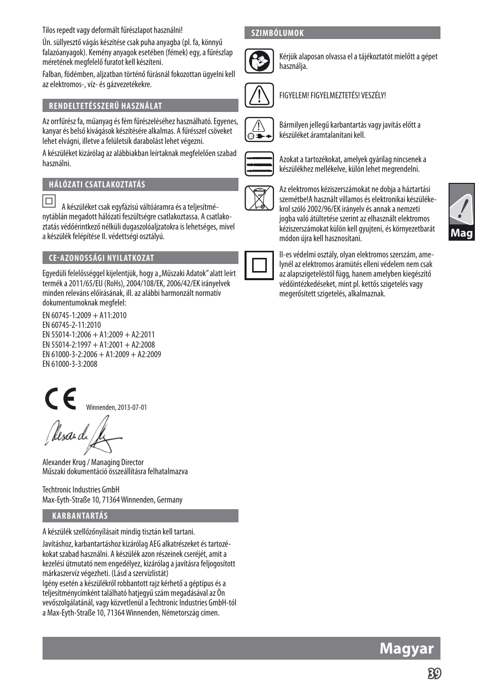 Magyar | AEG US 400 XE User Manual | Page 41 / 62
