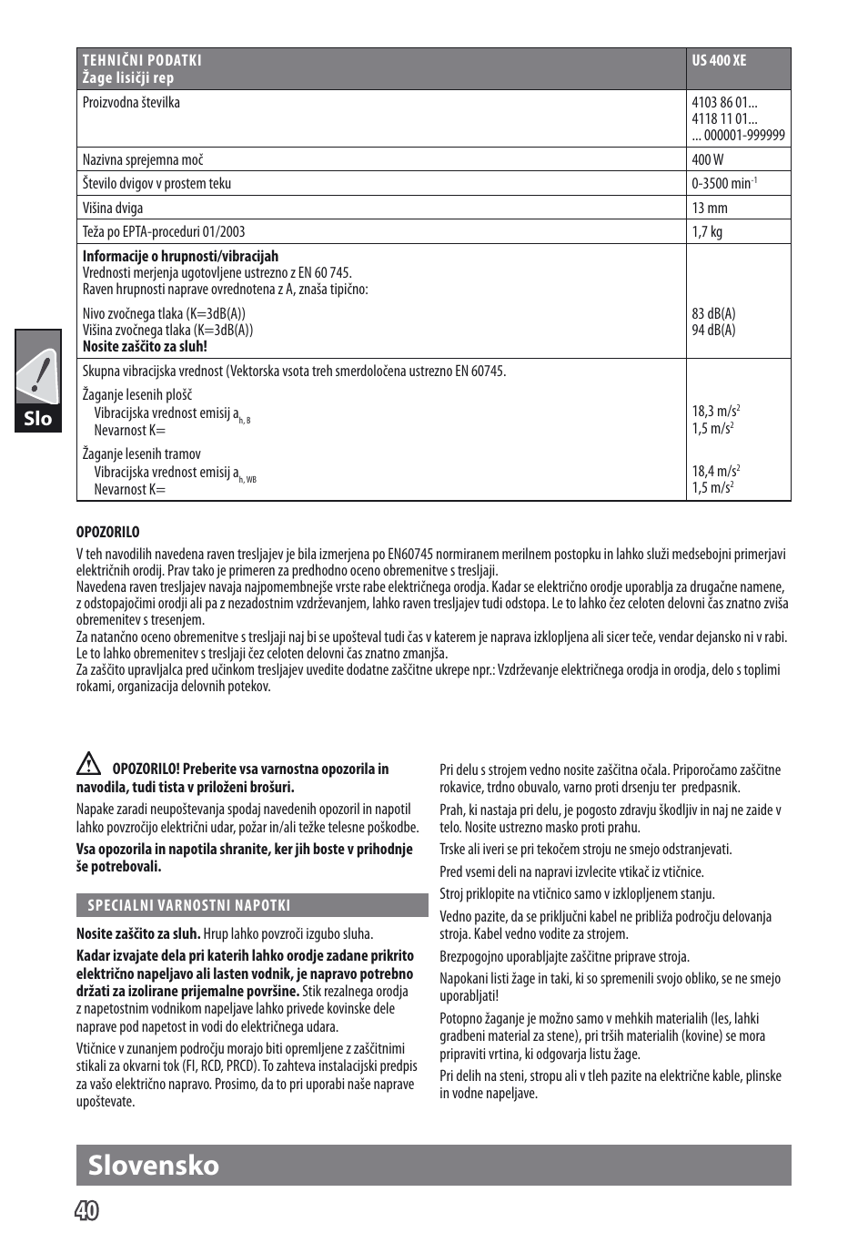 Slovensko | AEG US 400 XE User Manual | Page 42 / 62