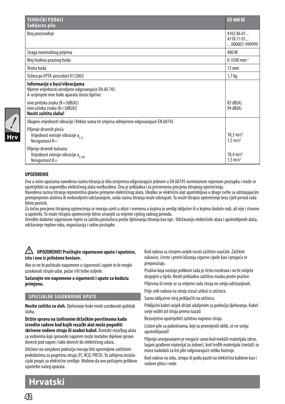 Hrvatski | AEG US 400 XE User Manual | Page 44 / 62