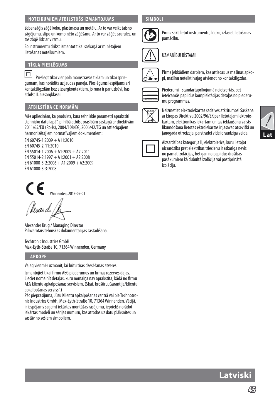 Latviski | AEG US 400 XE User Manual | Page 47 / 62