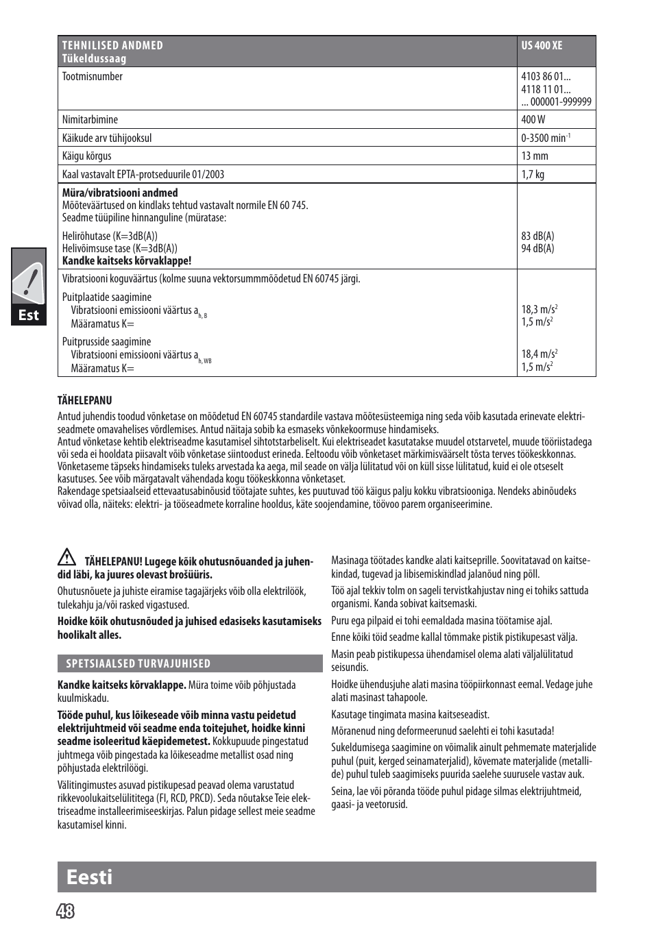 Eesti | AEG US 400 XE User Manual | Page 50 / 62