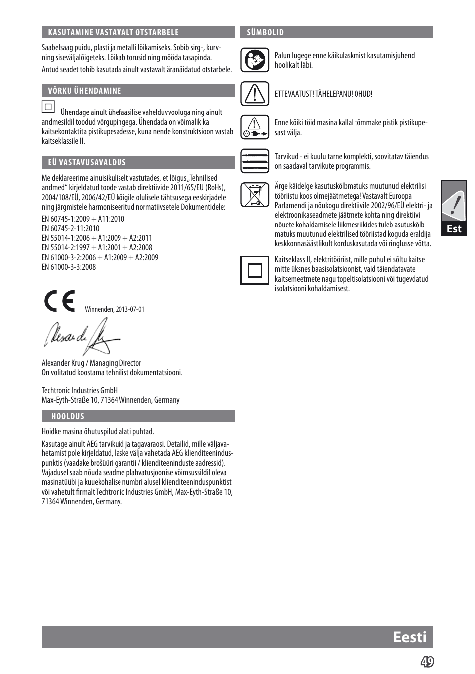 Eesti | AEG US 400 XE User Manual | Page 51 / 62