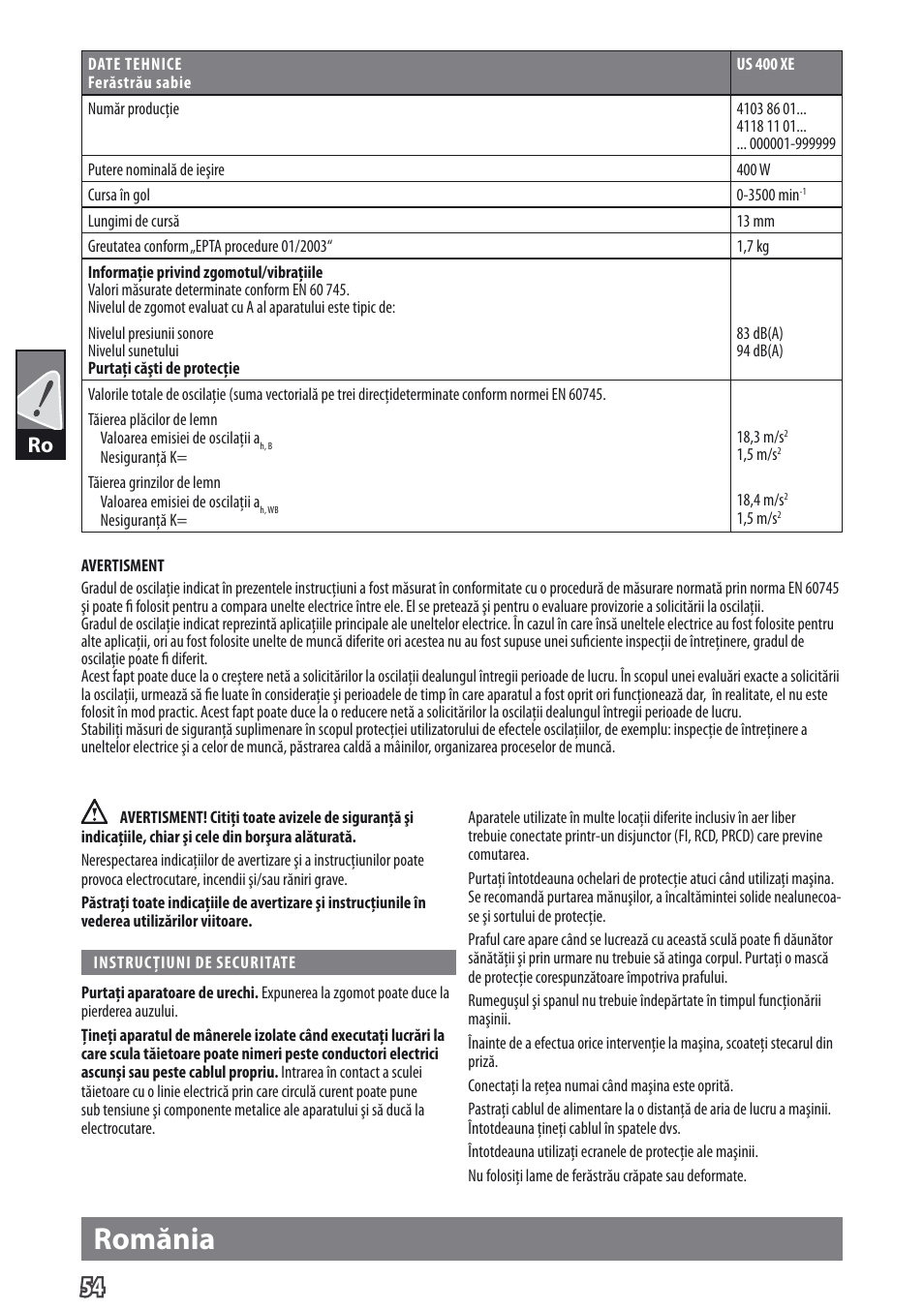 Romănia | AEG US 400 XE User Manual | Page 56 / 62