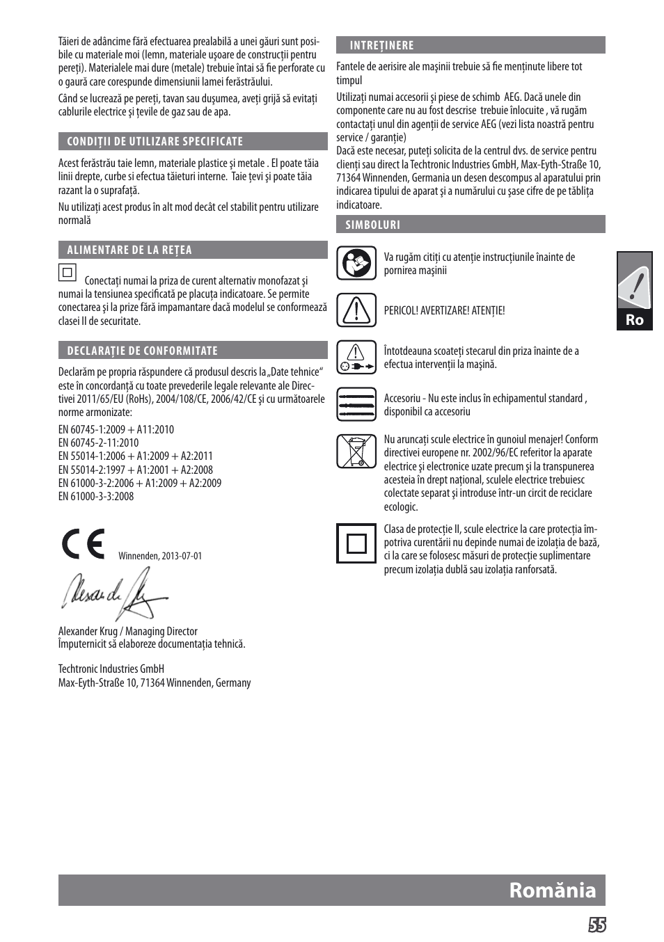Romănia | AEG US 400 XE User Manual | Page 57 / 62