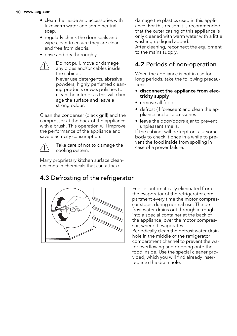 2 periods of non-operation, 3 defrosting of the refrigerator | AEG SWD81800G1 User Manual | Page 10 / 76