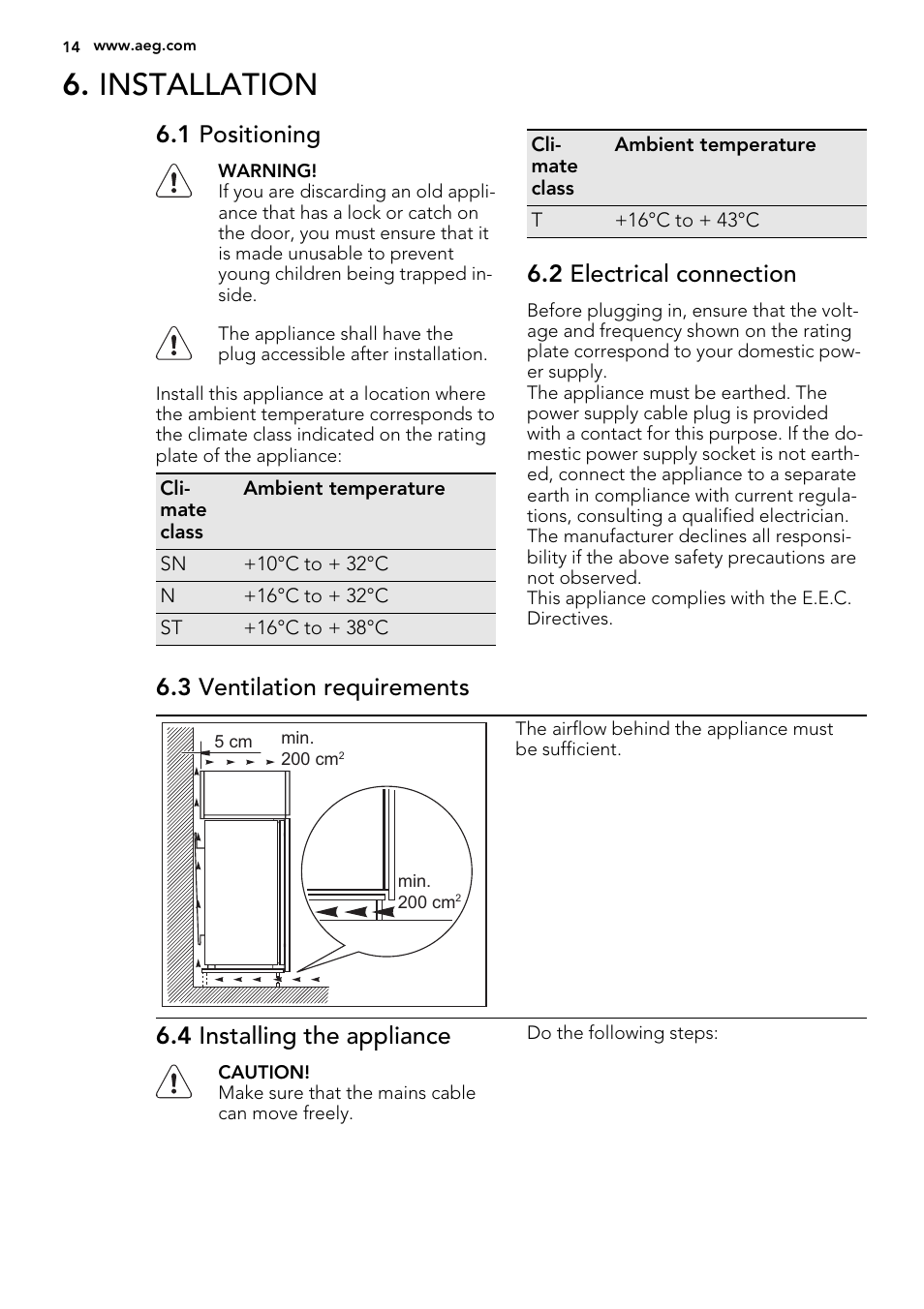 Installation, 1 positioning, 2 electrical connection | 3 ventilation requirements, 4 installing the appliance | AEG SWD81800G1 User Manual | Page 14 / 76