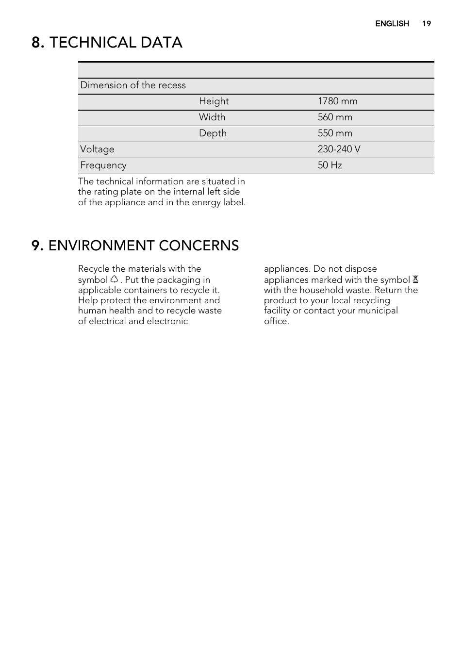 Technical data, Environment concerns | AEG SWD81800G1 User Manual | Page 19 / 76