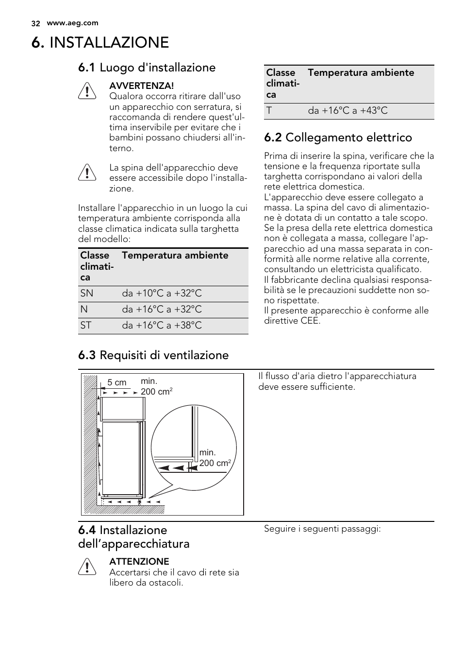 Installazione, 1 luogo d'installazione, 2 collegamento elettrico | 3 requisiti di ventilazione, 4 installazione dell’apparecchiatura | AEG SWD81800G1 User Manual | Page 32 / 76