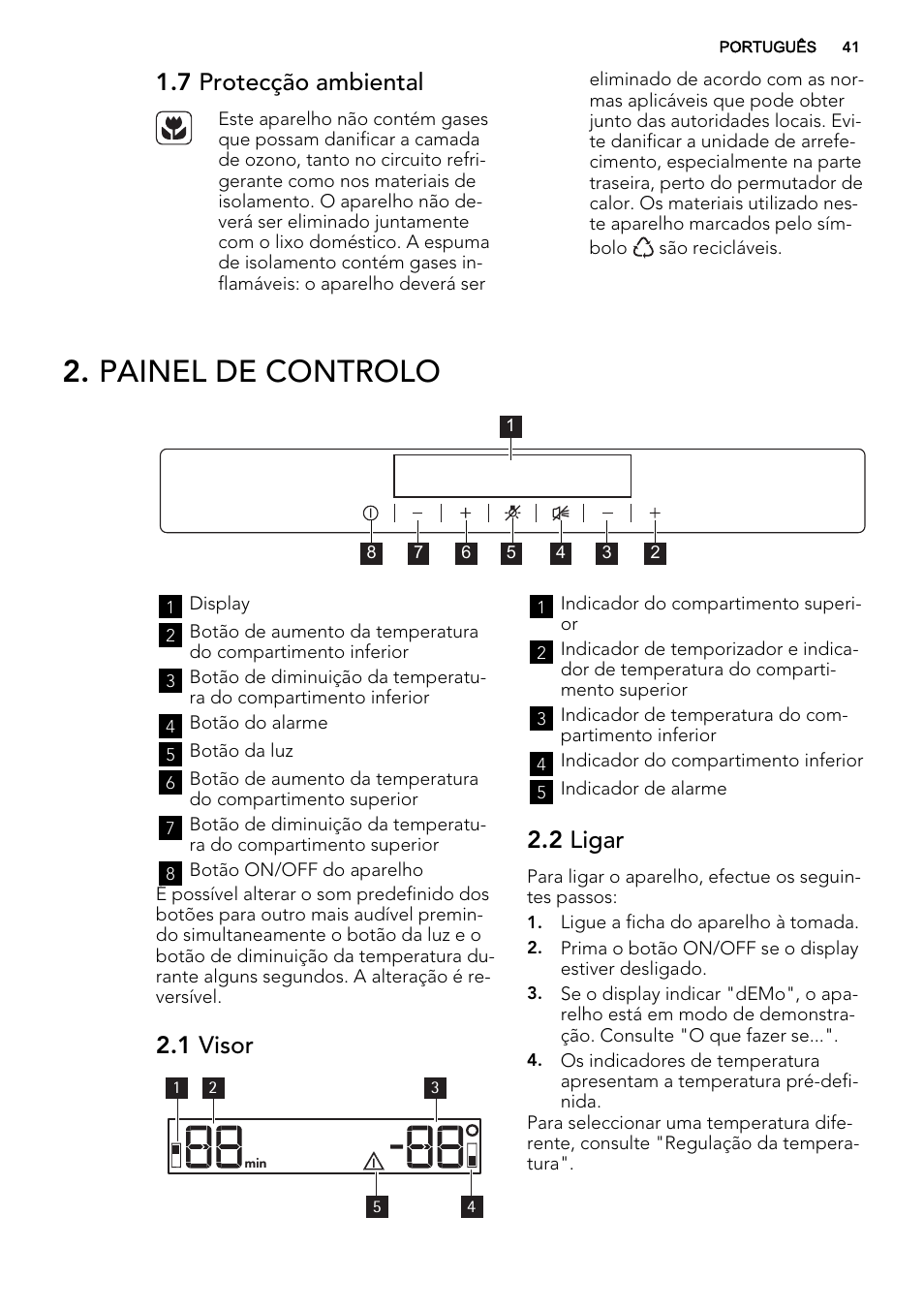 Painel de controlo, 7 protecção ambiental, 1 visor | 2 ligar | AEG SWD81800G1 User Manual | Page 41 / 76