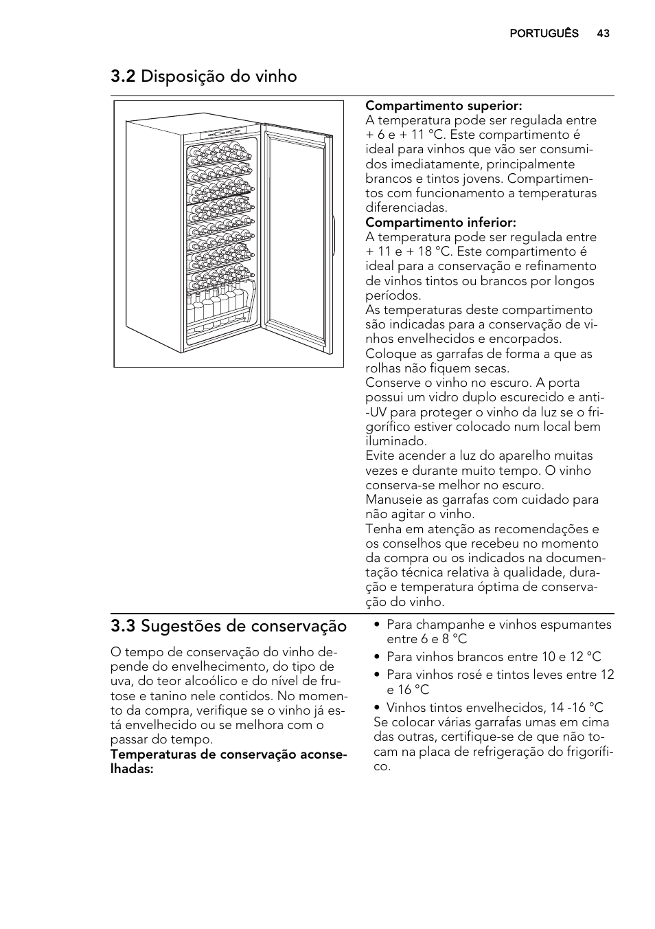 2 disposição do vinho, 3 sugestões de conservação | AEG SWD81800G1 User Manual | Page 43 / 76