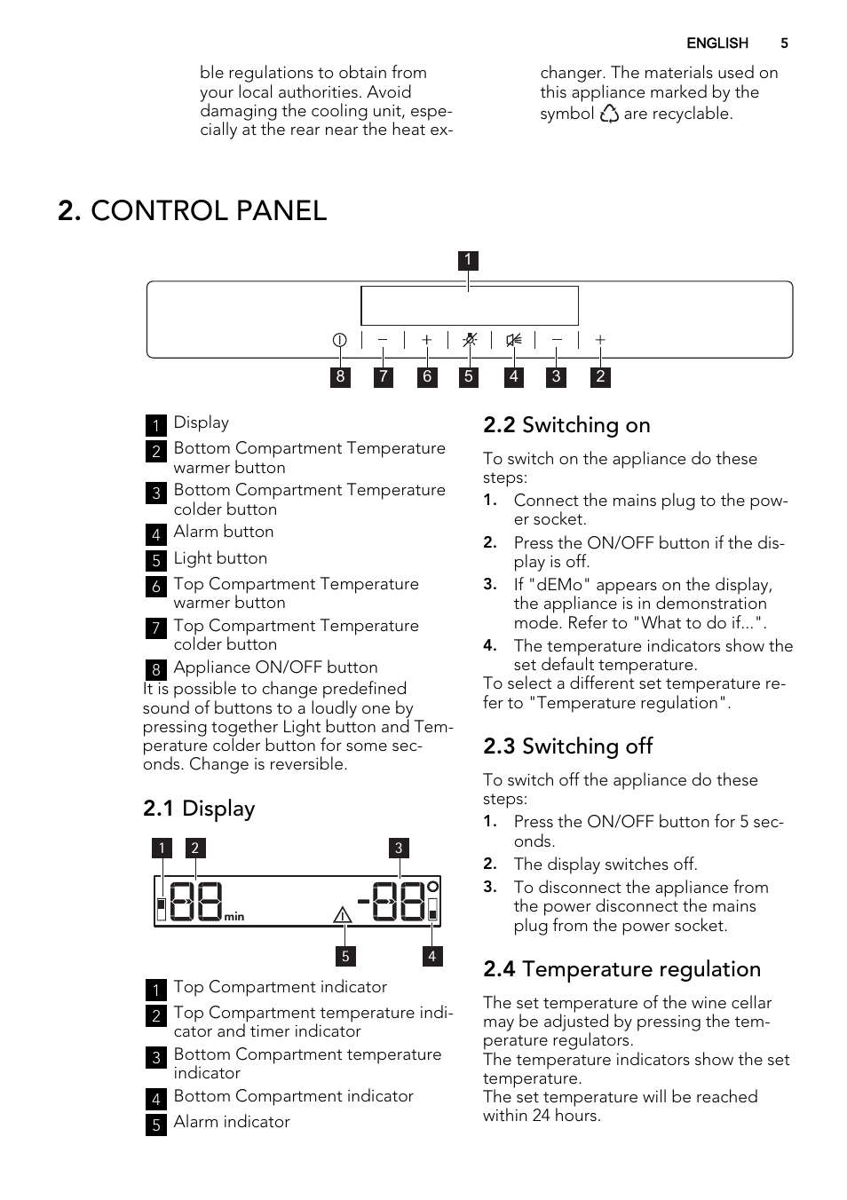 Control panel, 1 display, 2 switching on | 3 switching off, 4 temperature regulation | AEG SWD81800G1 User Manual | Page 5 / 76