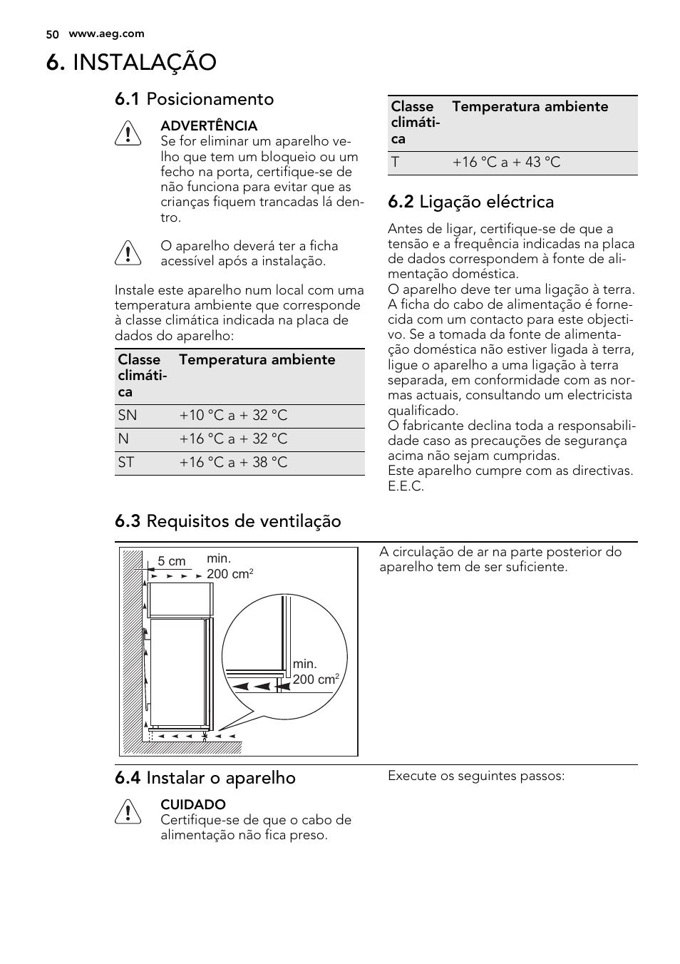 Instalação, 1 posicionamento, 2 ligação eléctrica | 3 requisitos de ventilação, 4 instalar o aparelho | AEG SWD81800G1 User Manual | Page 50 / 76