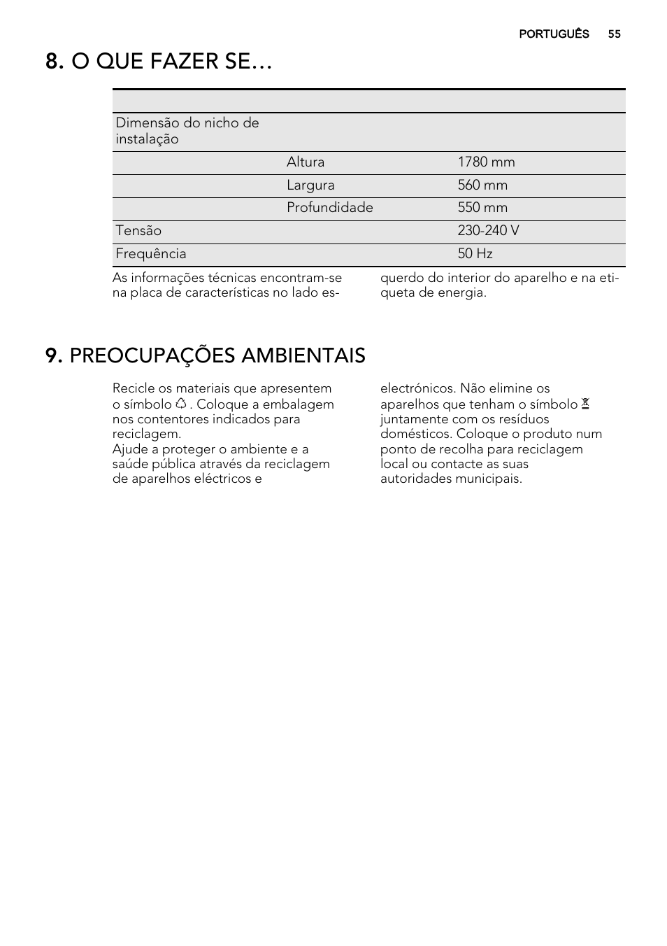O que fazer se, Preocupações ambientais | AEG SWD81800G1 User Manual | Page 55 / 76