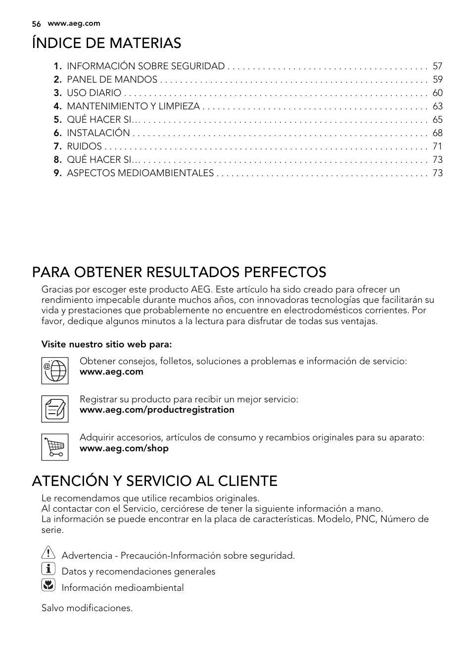 Índice de materias, Para obtener resultados perfectos, Atención y servicio al cliente | AEG SWD81800G1 User Manual | Page 56 / 76