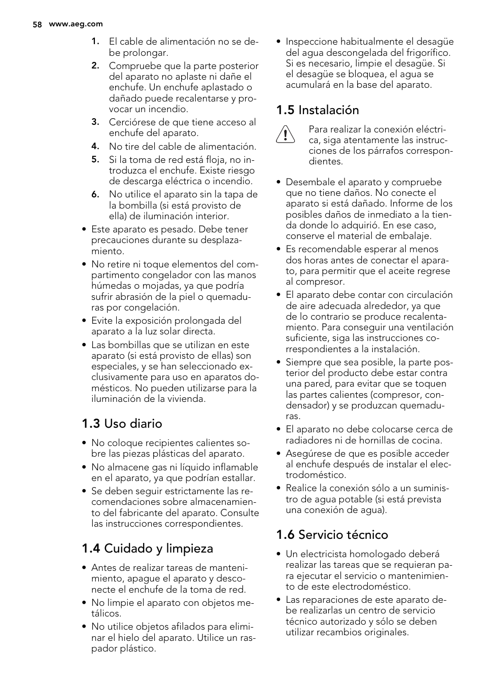 3 uso diario, 4 cuidado y limpieza, 5 instalación | 6 servicio técnico | AEG SWD81800G1 User Manual | Page 58 / 76