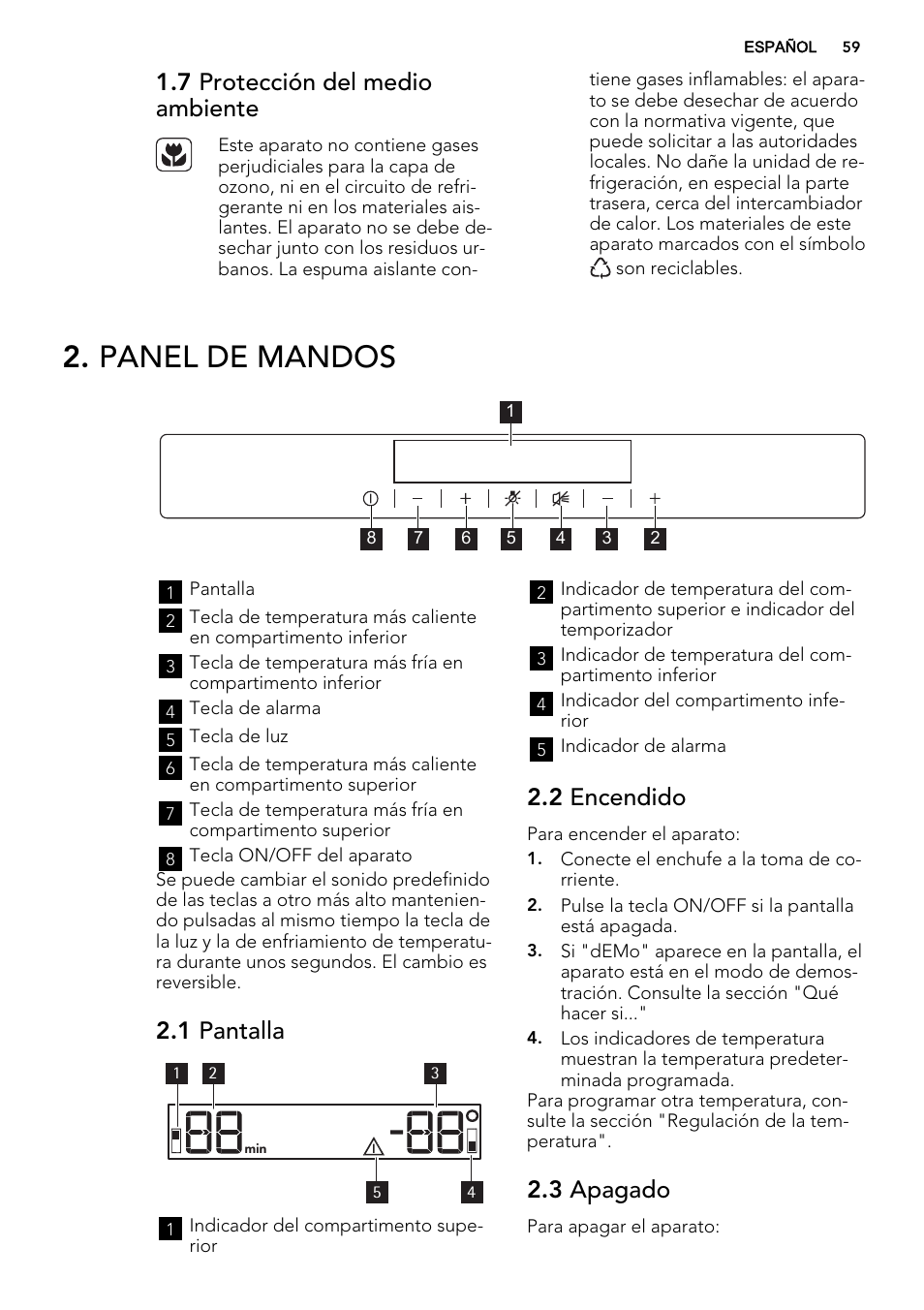 Panel de mandos, 7 protección del medio ambiente, 1 pantalla | 2 encendido, 3 apagado | AEG SWD81800G1 User Manual | Page 59 / 76