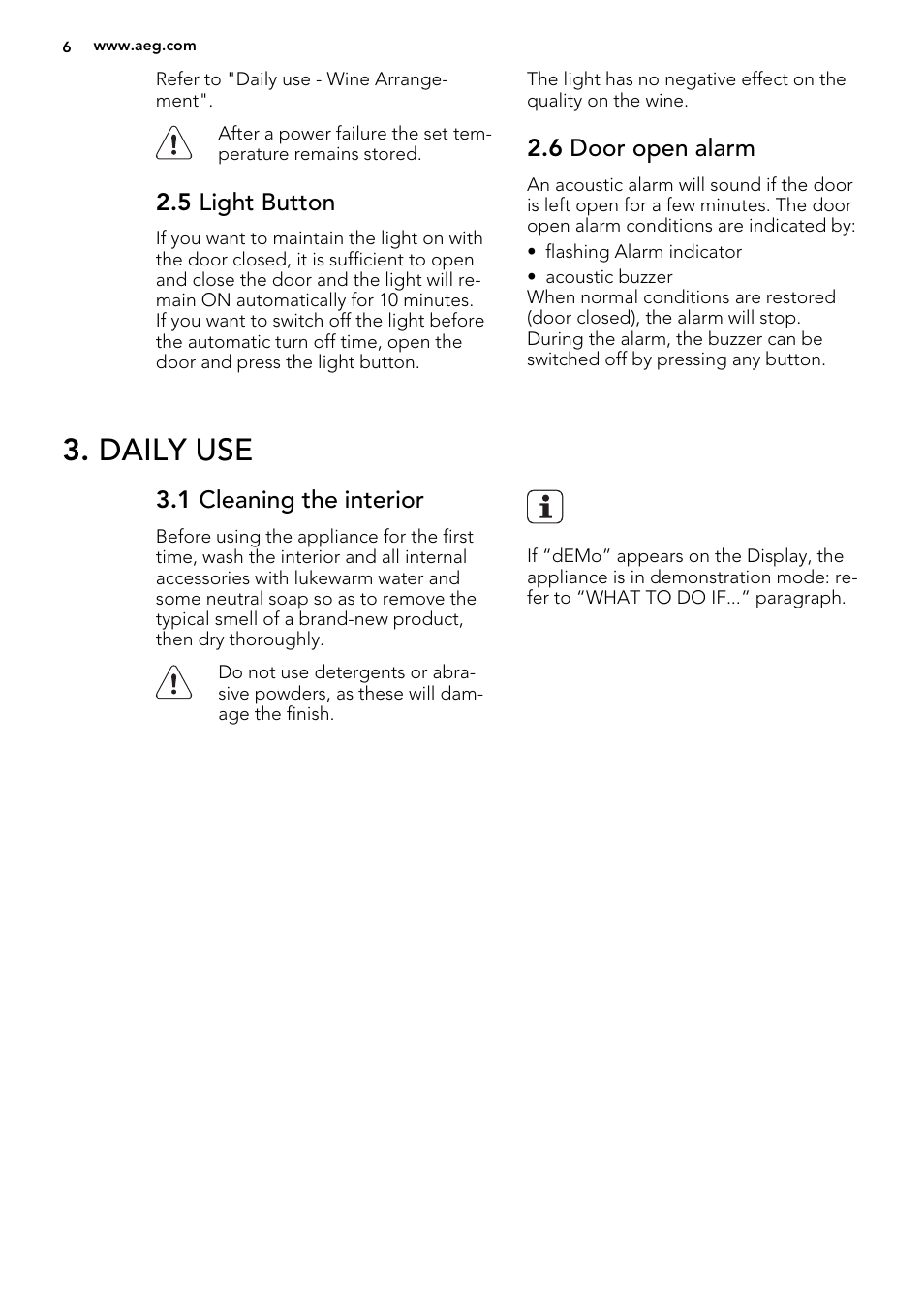 Daily use, 5 light button, 6 door open alarm | 1 cleaning the interior | AEG SWD81800G1 User Manual | Page 6 / 76
