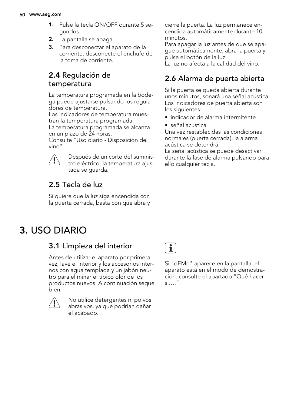 Uso diario, 4 regulación de temperatura, 5 tecla de luz | 6 alarma de puerta abierta, 1 limpieza del interior | AEG SWD81800G1 User Manual | Page 60 / 76
