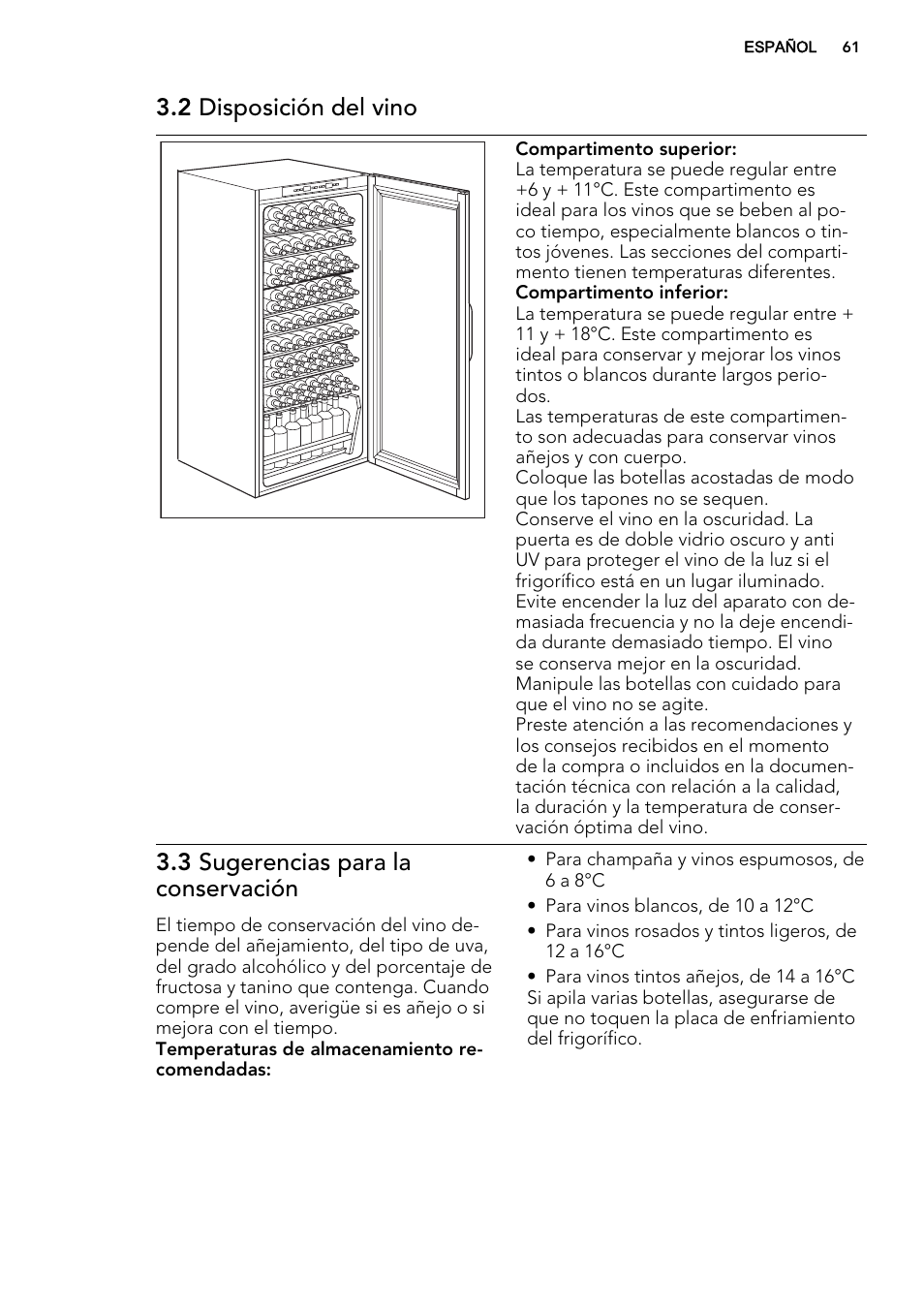2 disposición del vino, 3 sugerencias para la conservación | AEG SWD81800G1 User Manual | Page 61 / 76
