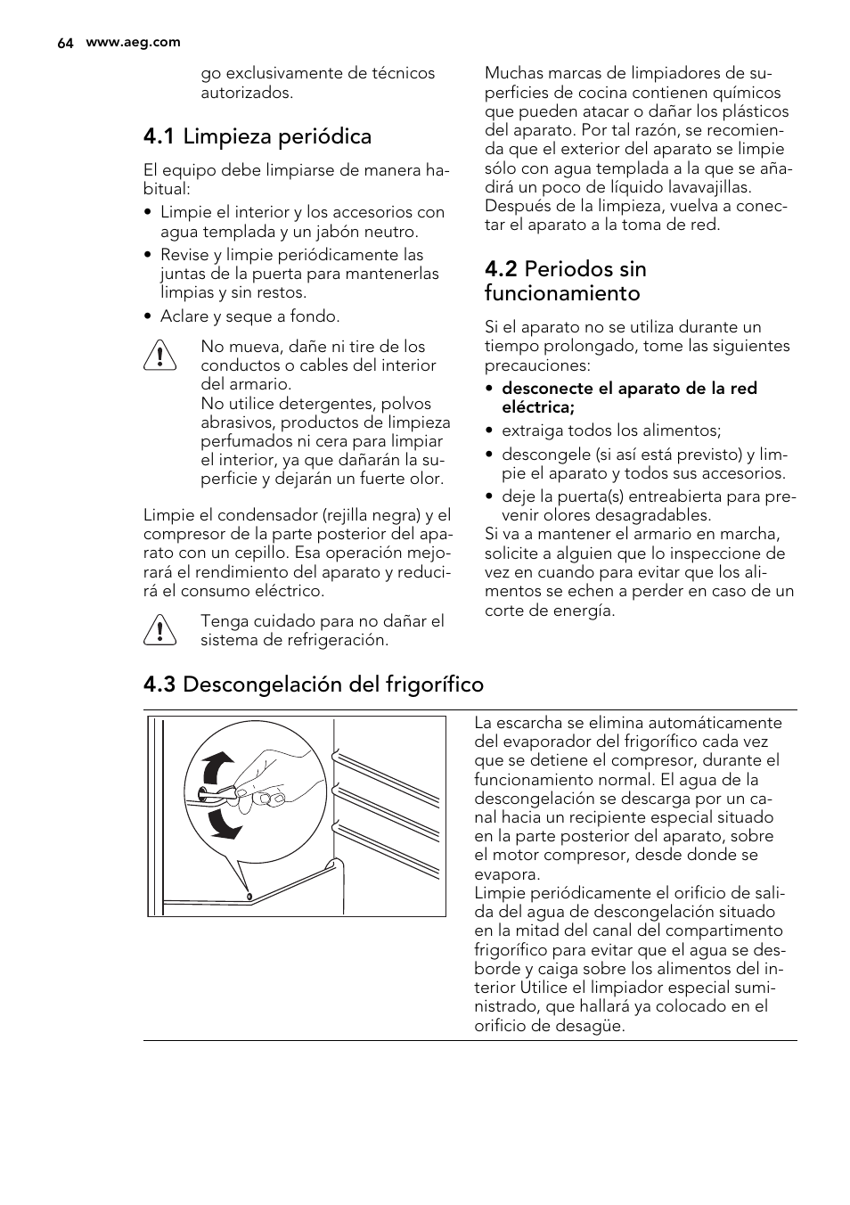 1 limpieza periódica, 2 periodos sin funcionamiento, 3 descongelación del frigorífico | AEG SWD81800G1 User Manual | Page 64 / 76