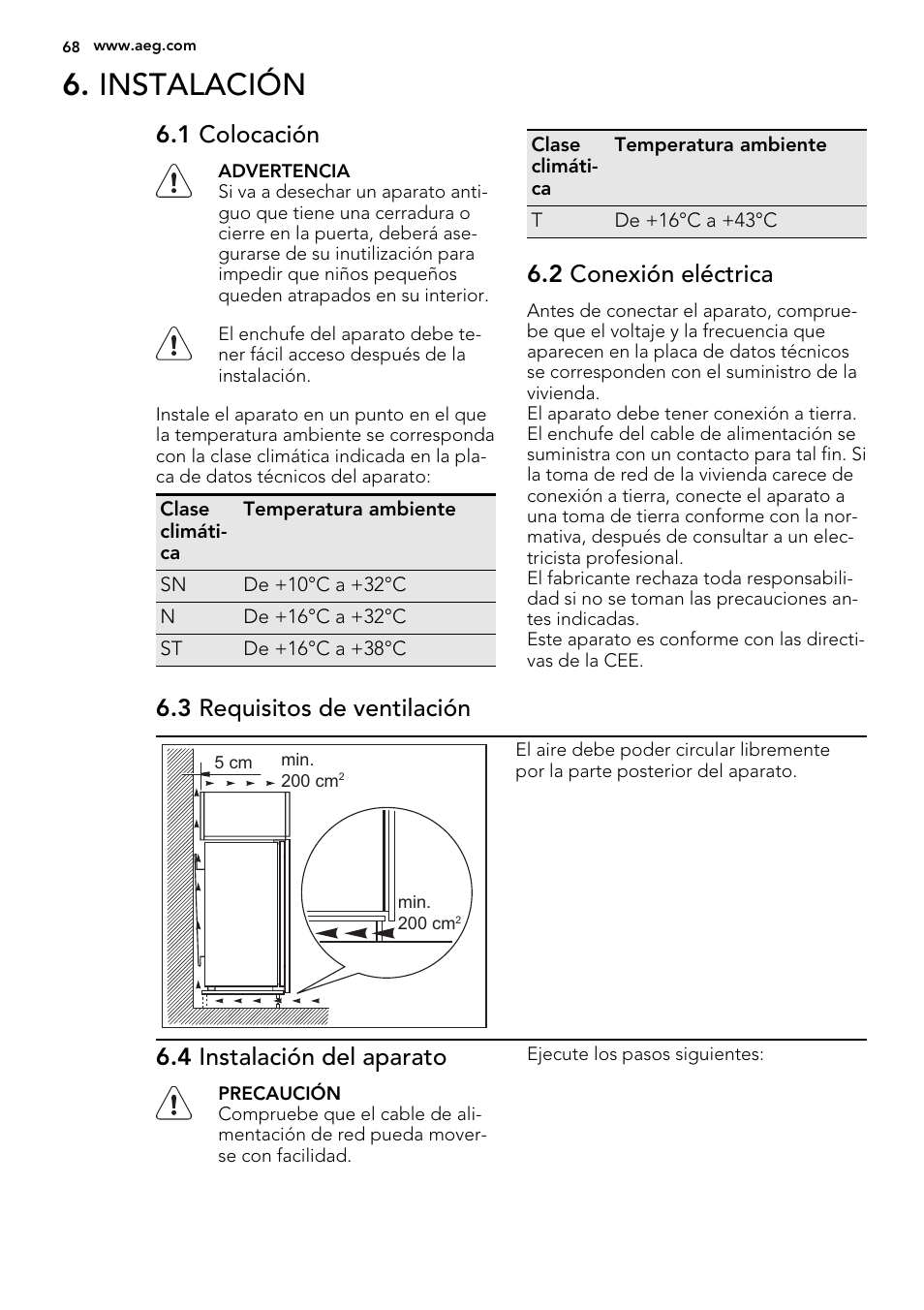 Instalación, 1 colocación, 2 conexión eléctrica | 3 requisitos de ventilación, 4 instalación del aparato | AEG SWD81800G1 User Manual | Page 68 / 76