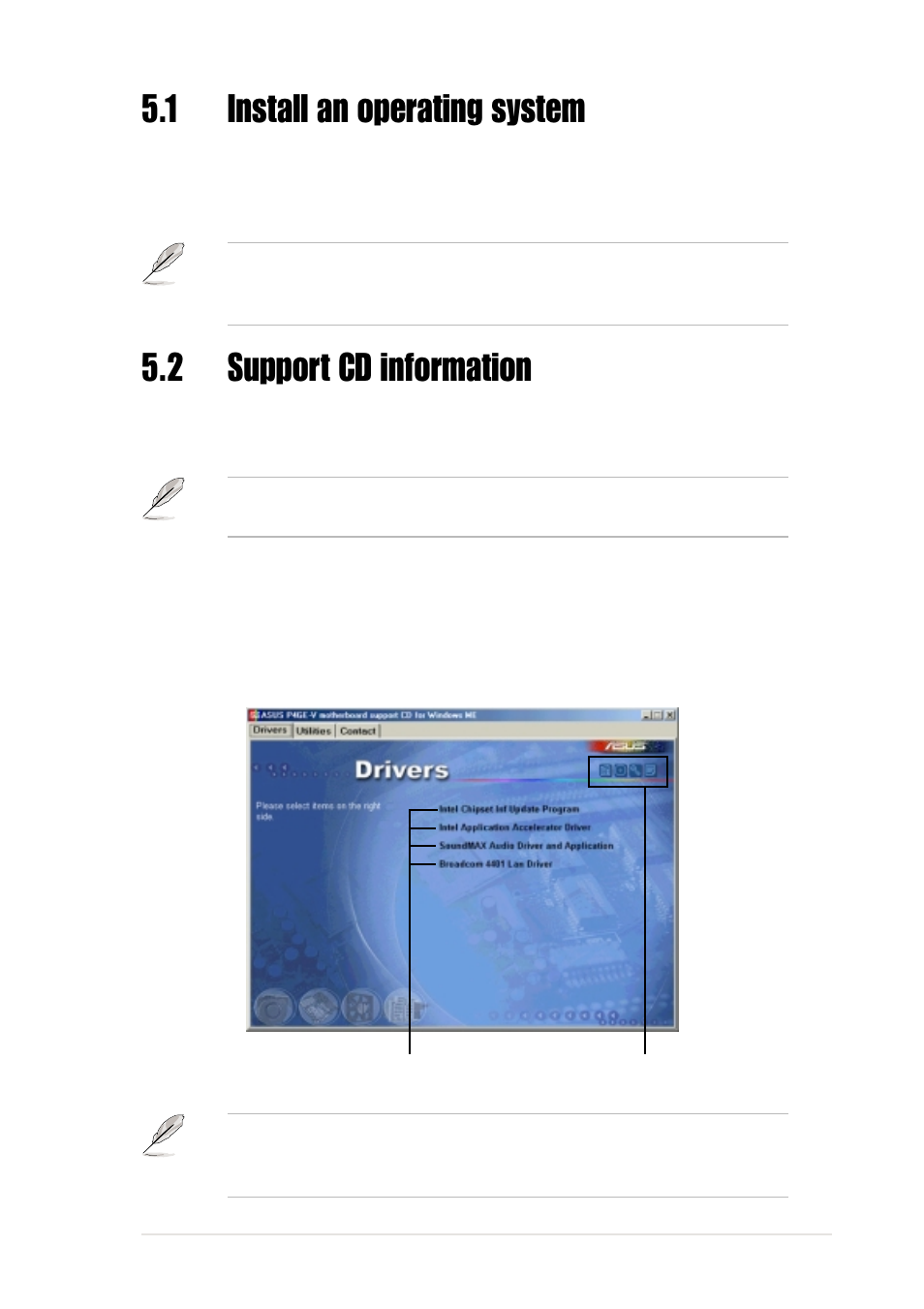 1 install an operating system, 2 support cd information, 1 running the support cd | Asus P4GE-V User Manual | Page 103 / 132