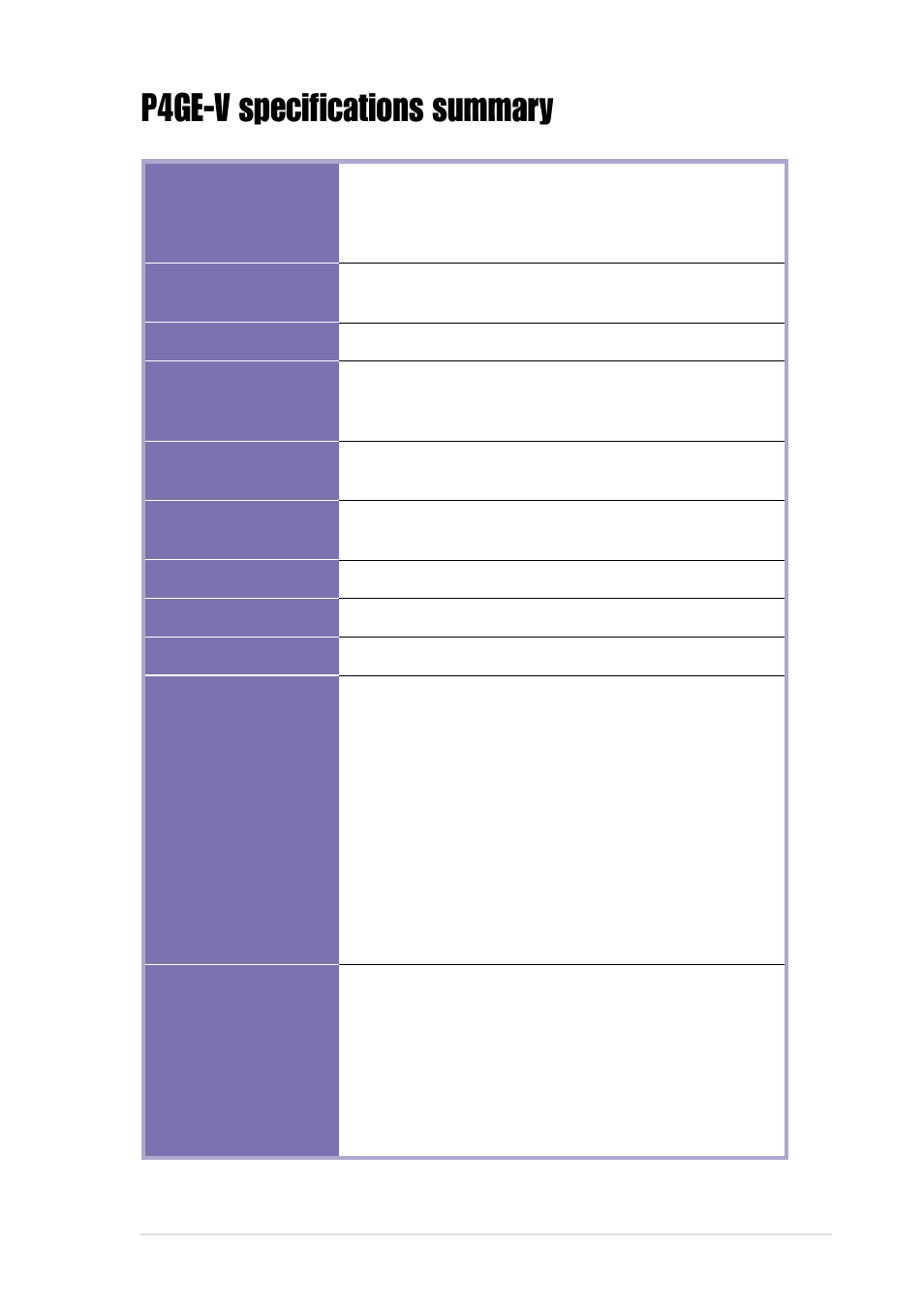 P4ge-v specifications summary | Asus P4GE-V User Manual | Page 11 / 132