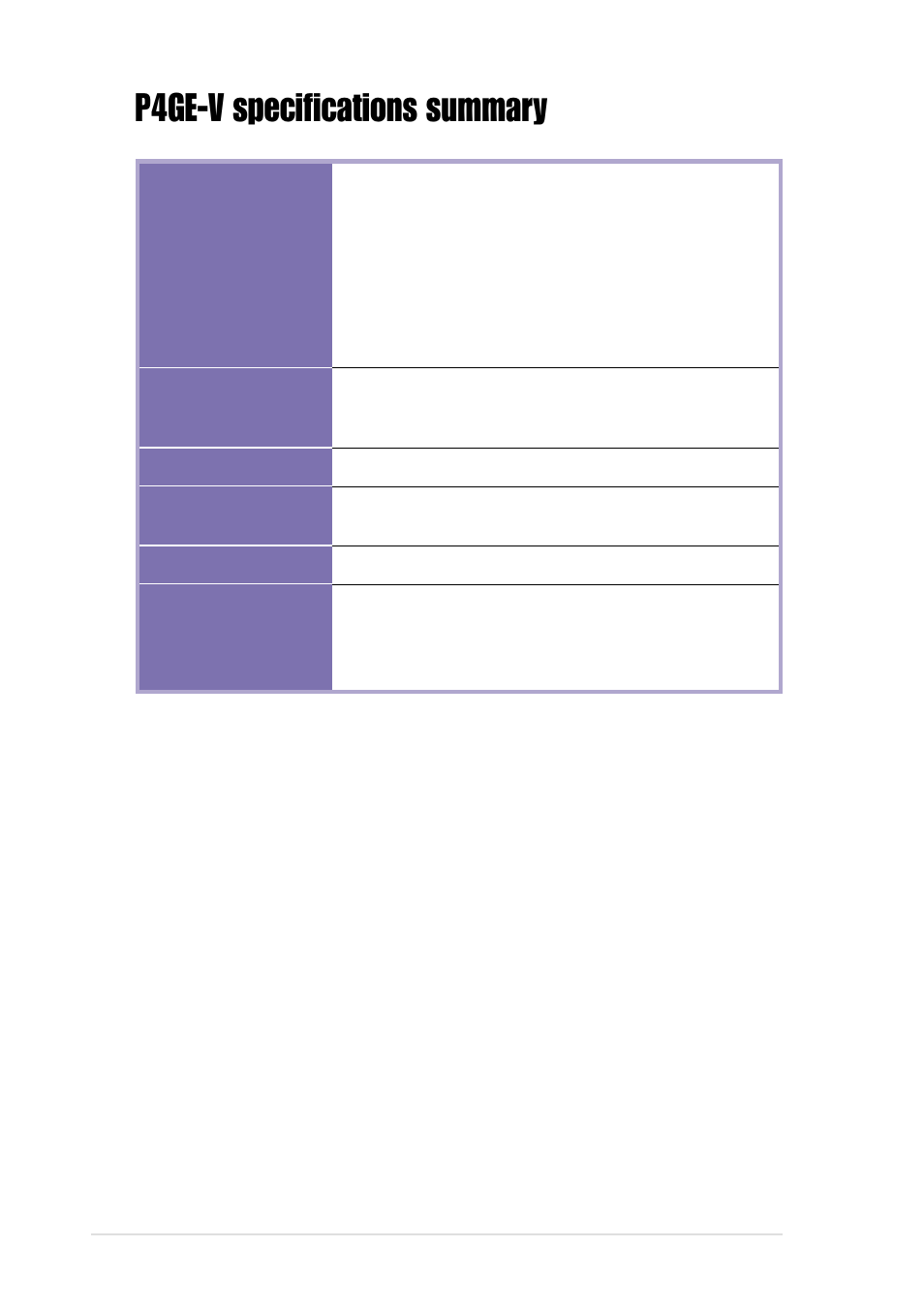 P4ge-v specifications summary | Asus P4GE-V User Manual | Page 12 / 132