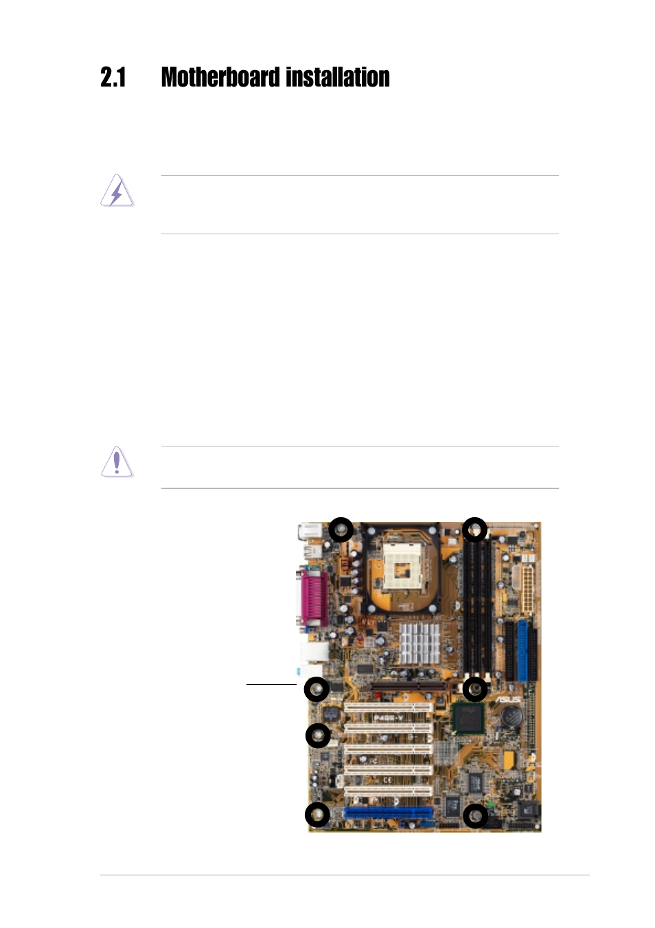 1 motherboard installation, 1 placement direction, 2 screw holes | Asus P4GE-V User Manual | Page 27 / 132