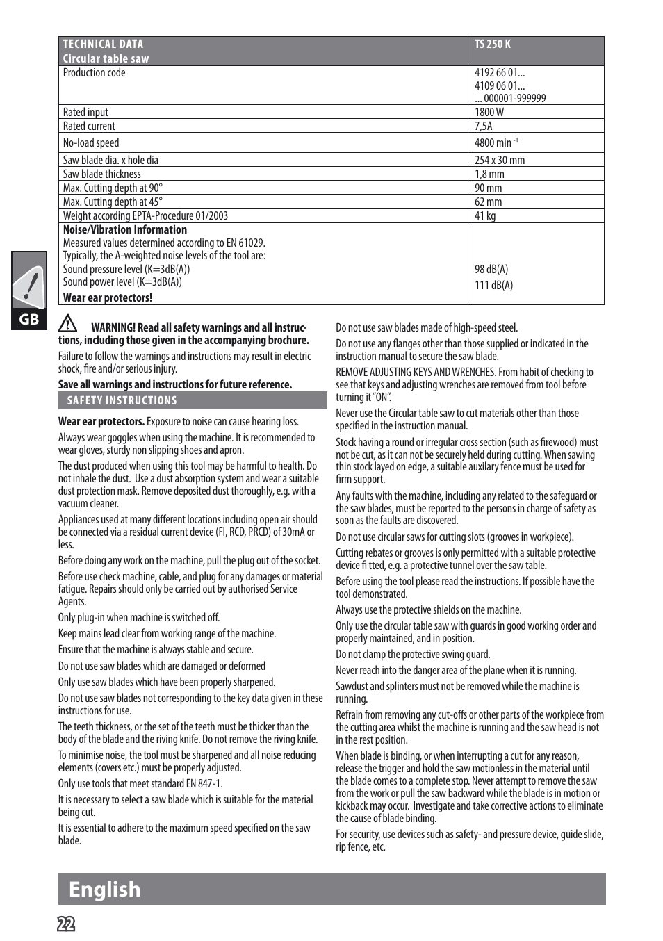 English | AEG TS 250 K User Manual | Page 25 / 79