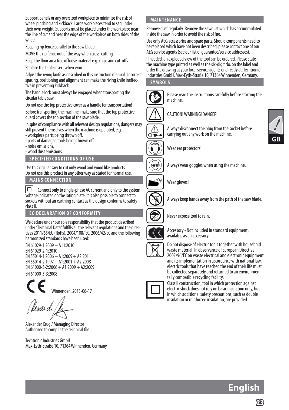 English | AEG TS 250 K User Manual | Page 26 / 79