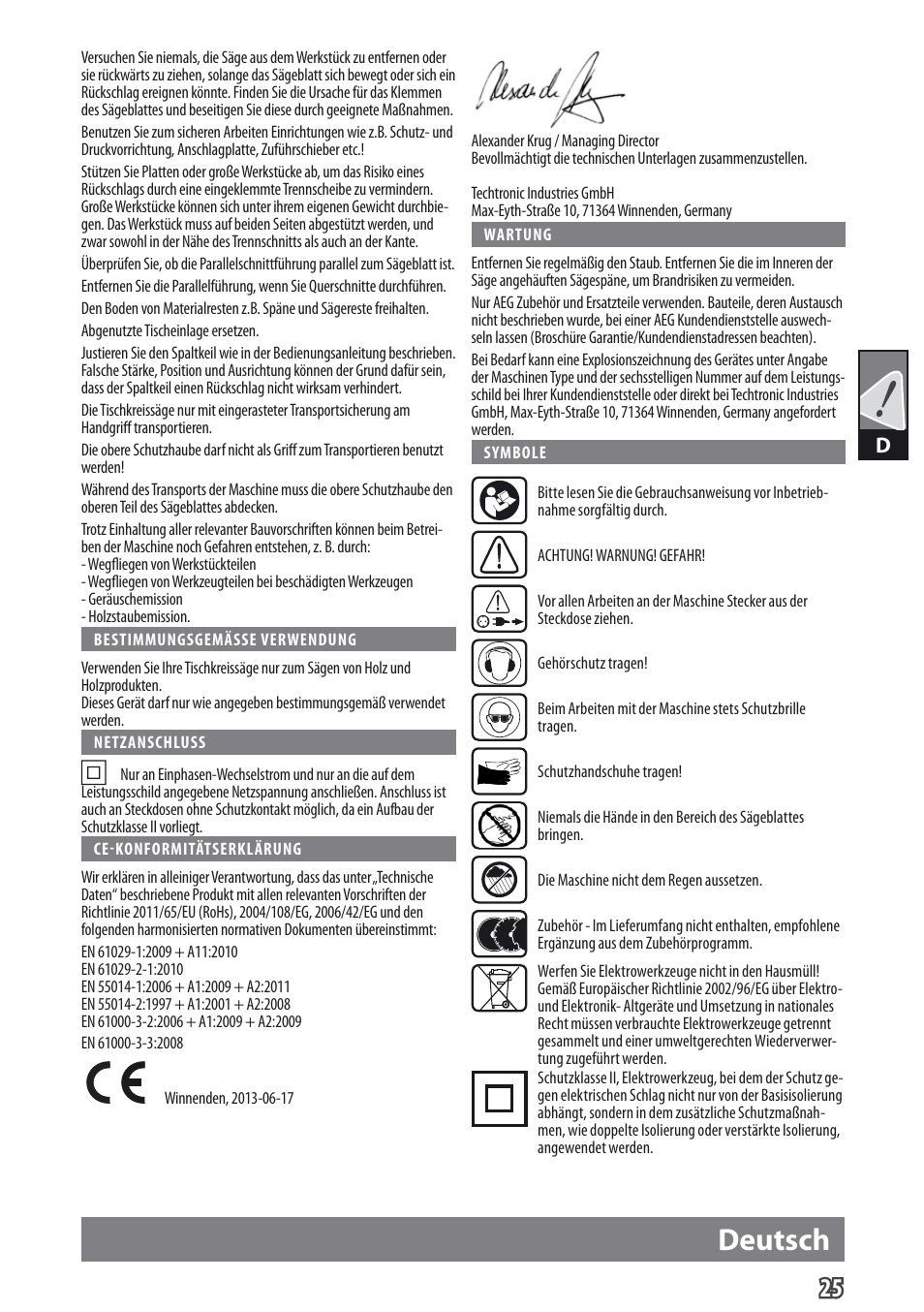 Deutsch | AEG TS 250 K User Manual | Page 28 / 79