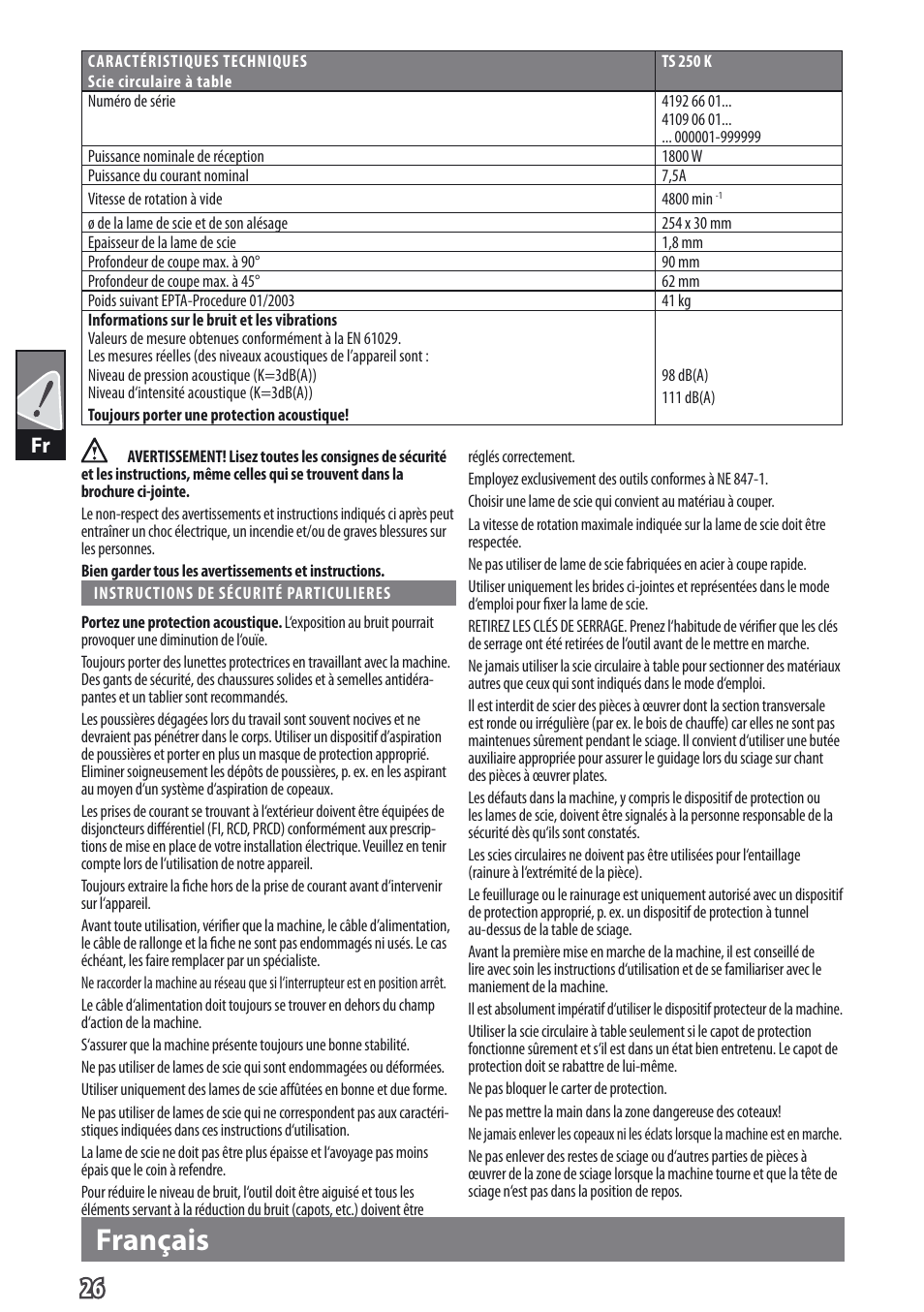 Français | AEG TS 250 K User Manual | Page 29 / 79