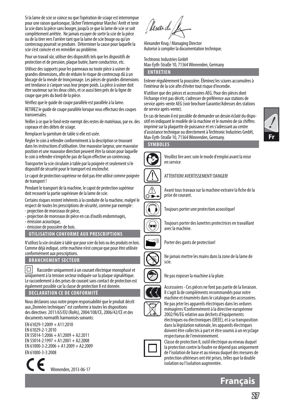 Français | AEG TS 250 K User Manual | Page 30 / 79