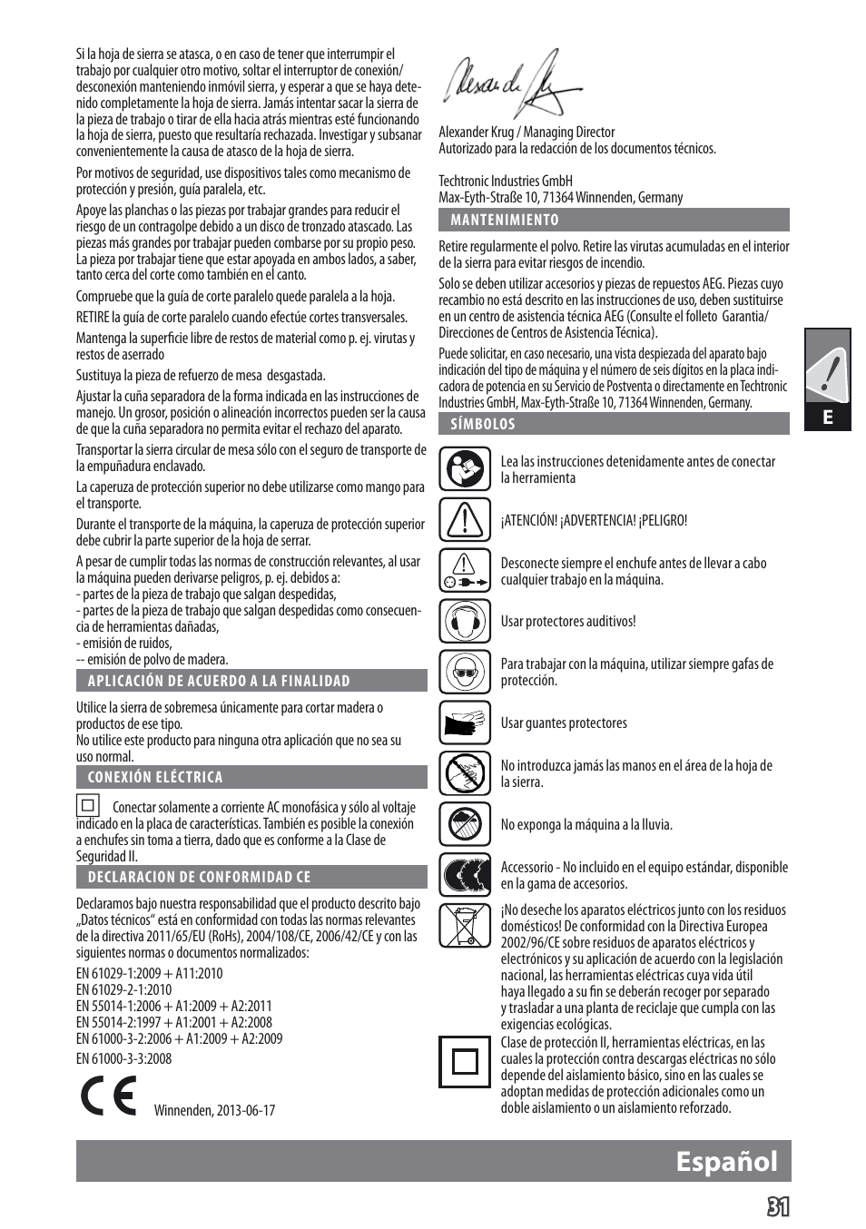 Español | AEG TS 250 K User Manual | Page 34 / 79
