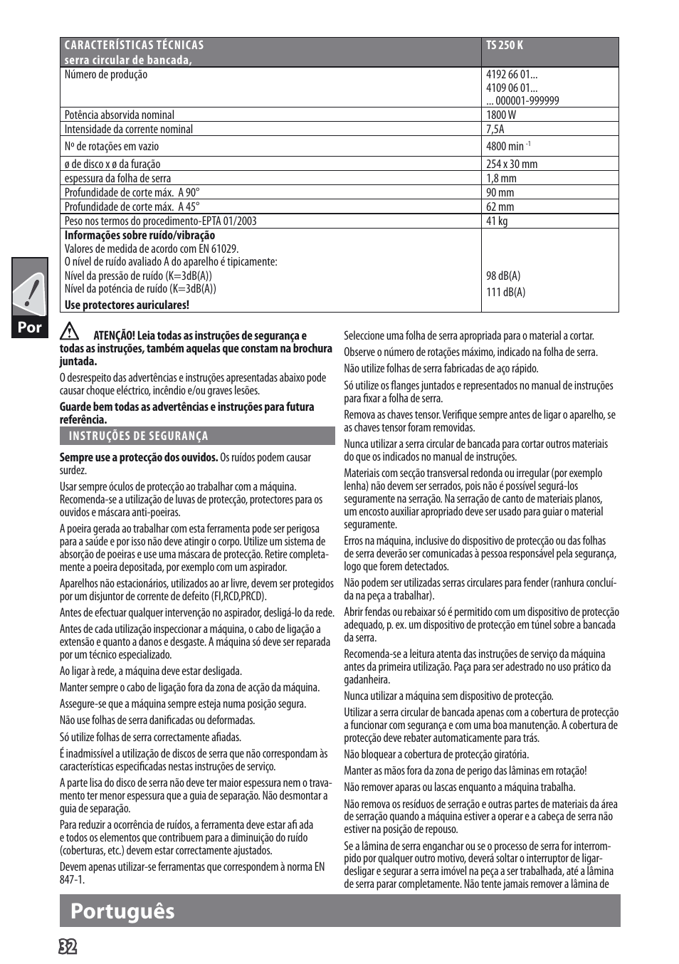 Português | AEG TS 250 K User Manual | Page 35 / 79