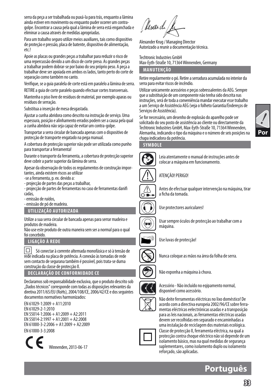 Português | AEG TS 250 K User Manual | Page 36 / 79