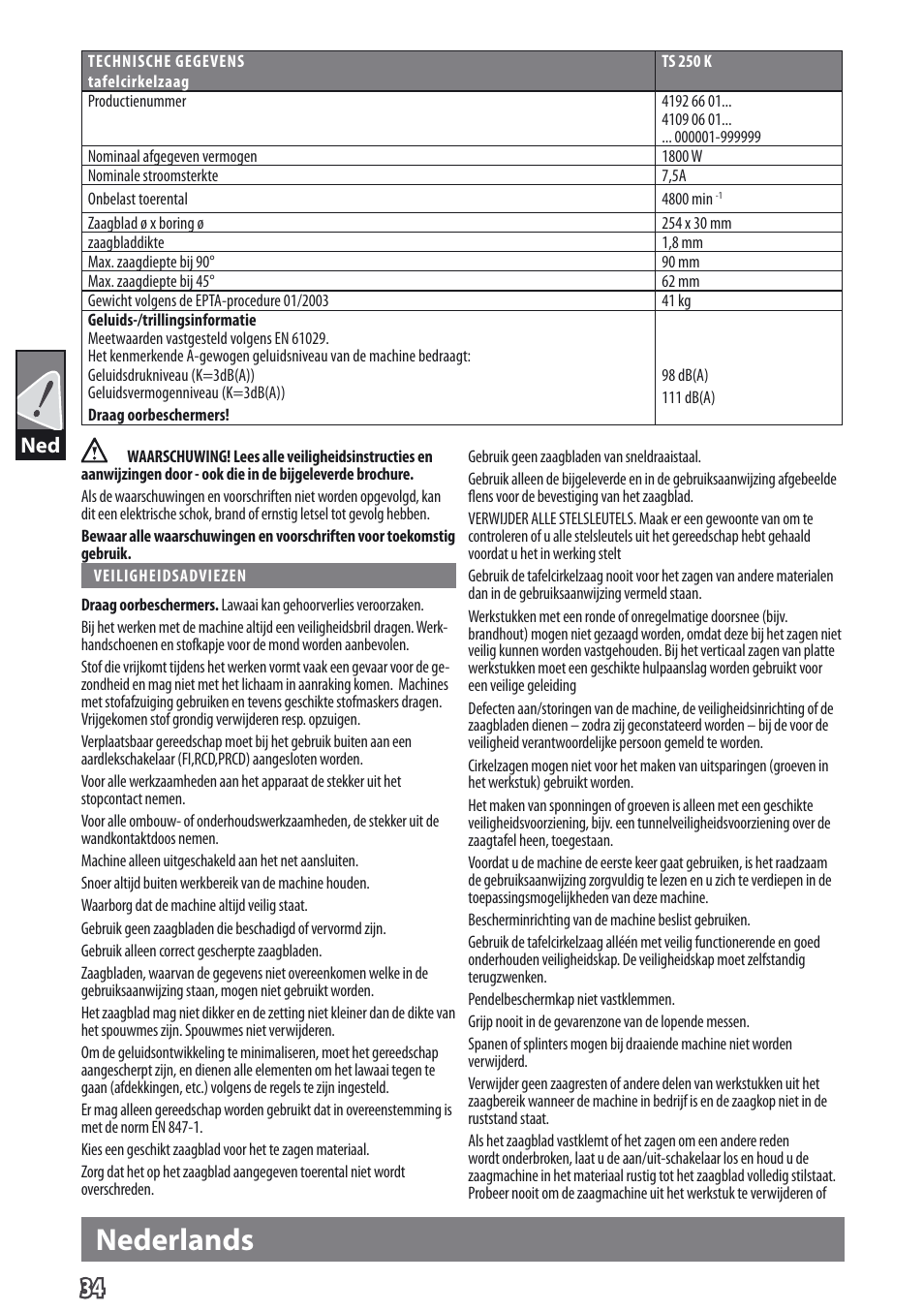 Nederlands | AEG TS 250 K User Manual | Page 37 / 79