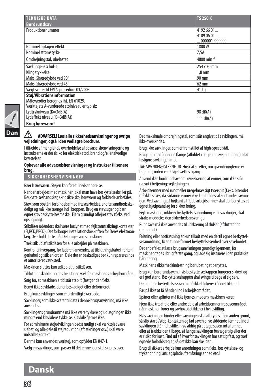 Dansk | AEG TS 250 K User Manual | Page 39 / 79