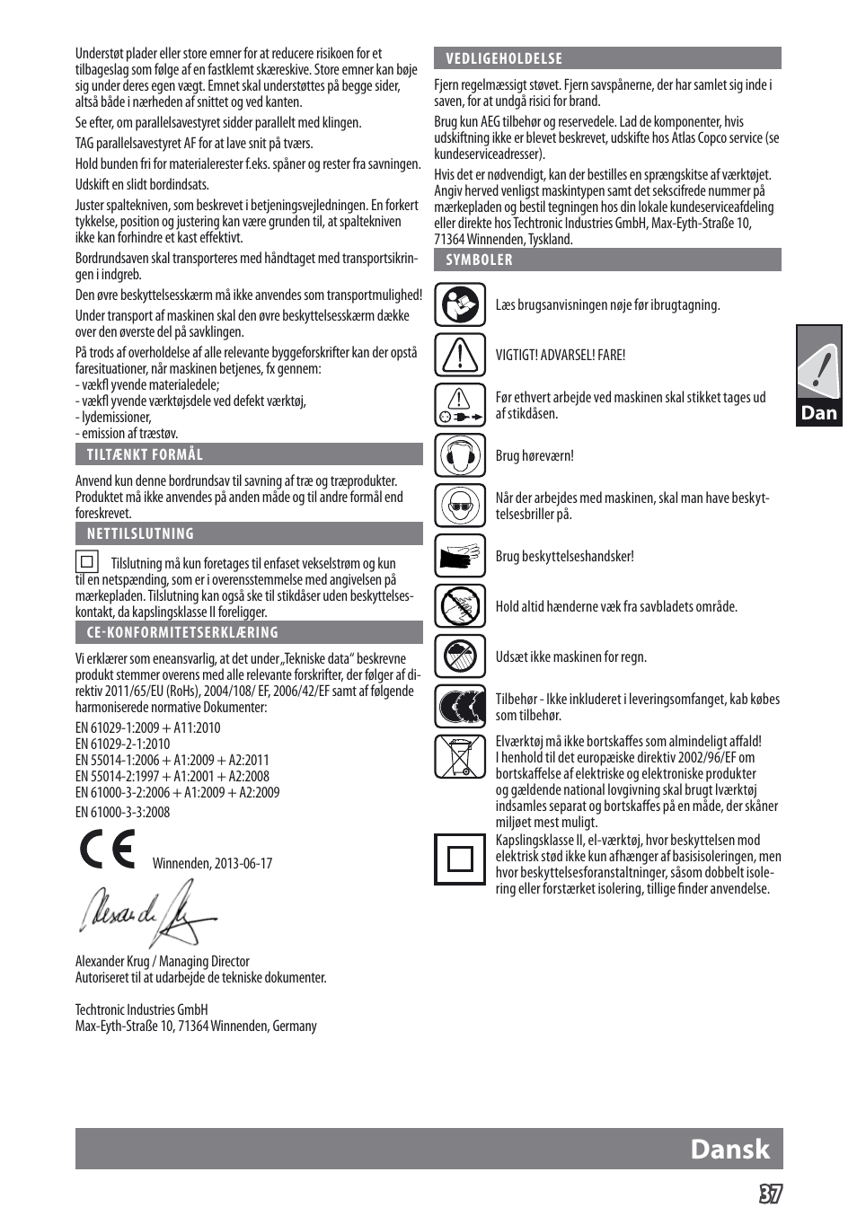 Dansk | AEG TS 250 K User Manual | Page 40 / 79