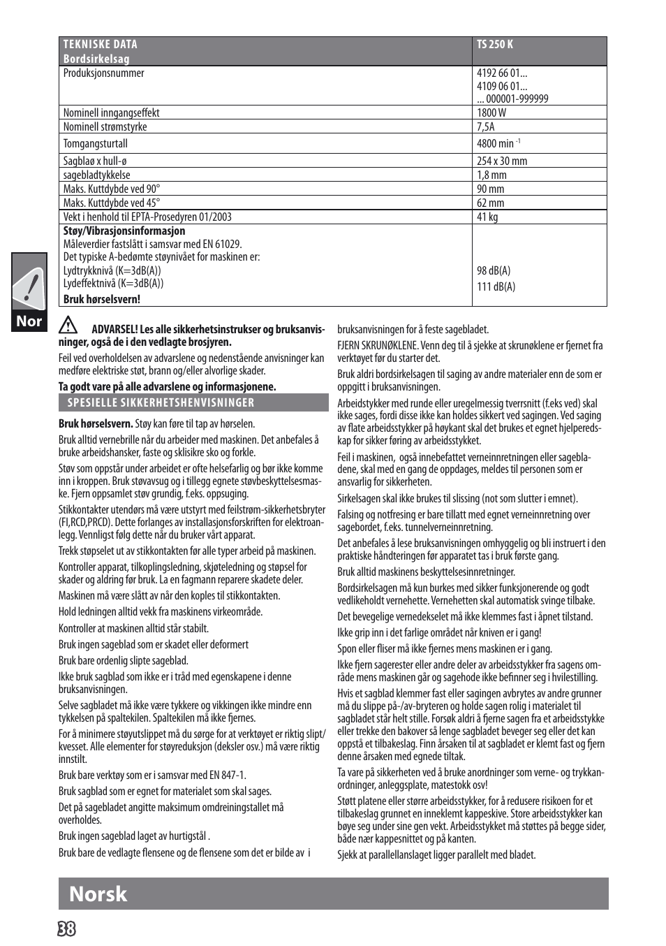 Norsk | AEG TS 250 K User Manual | Page 41 / 79