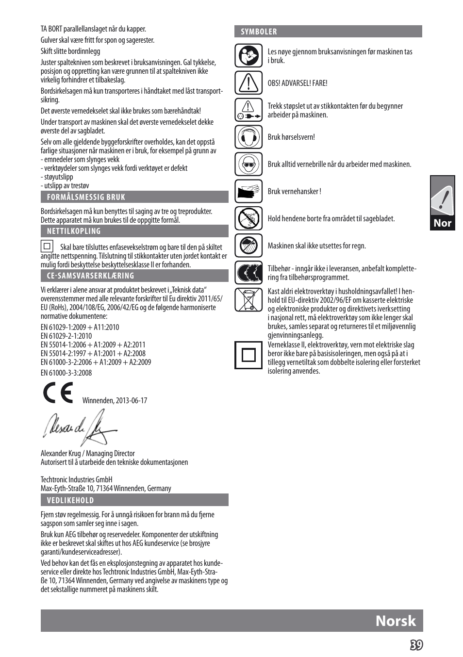 Norsk | AEG TS 250 K User Manual | Page 42 / 79