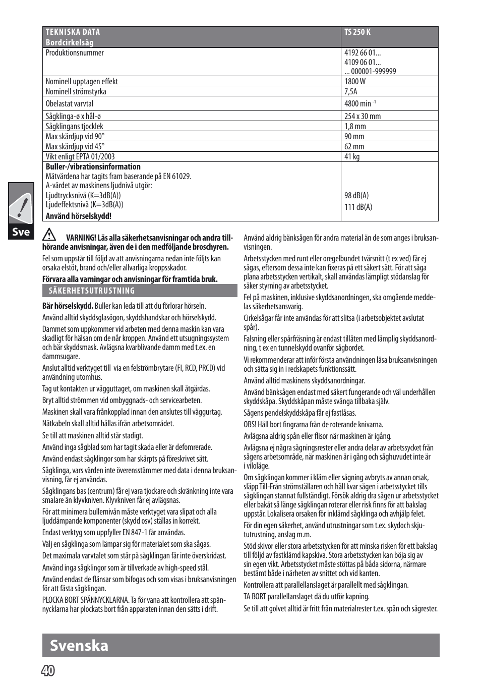 Svenska | AEG TS 250 K User Manual | Page 43 / 79