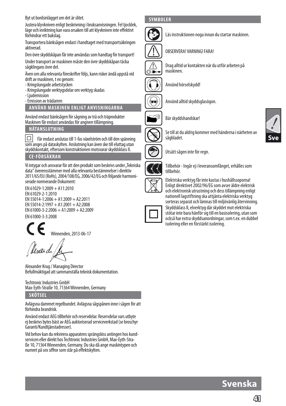 Svenska | AEG TS 250 K User Manual | Page 44 / 79