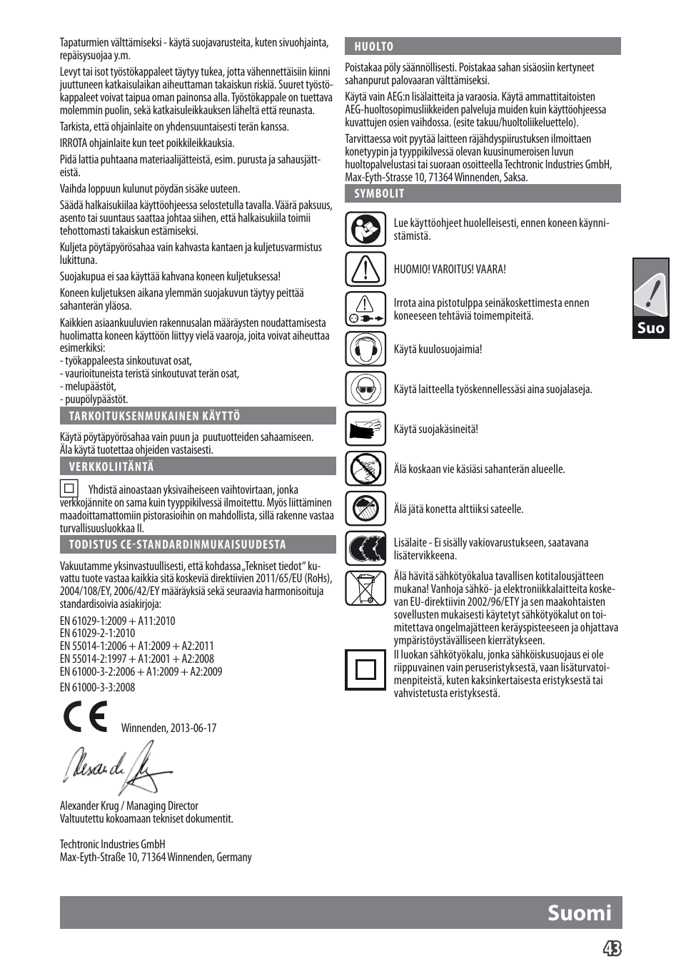 Suomi | AEG TS 250 K User Manual | Page 46 / 79