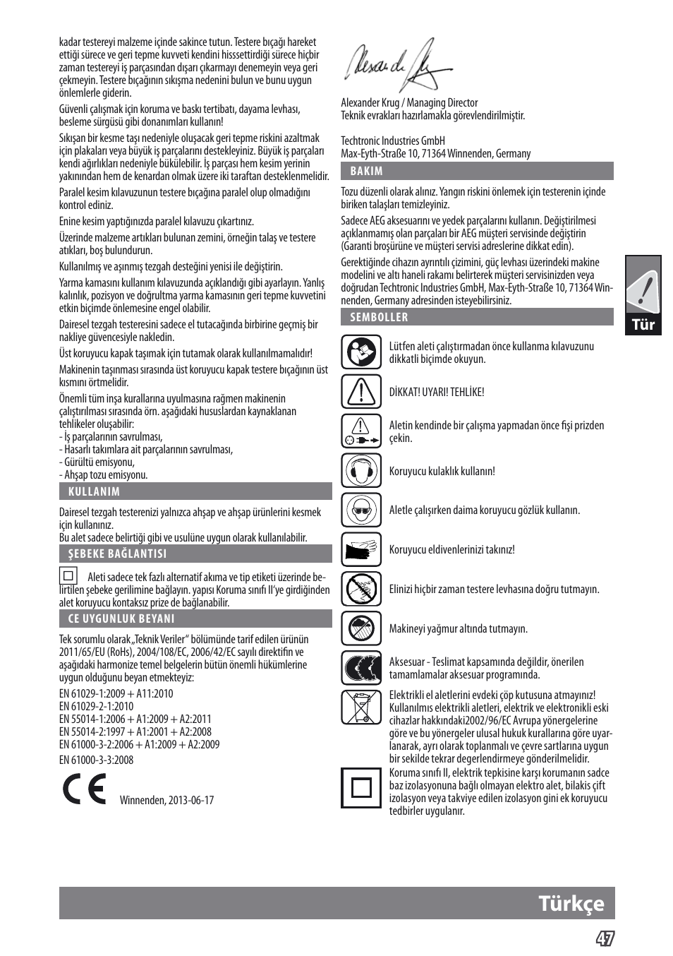 Türkçe | AEG TS 250 K User Manual | Page 50 / 79