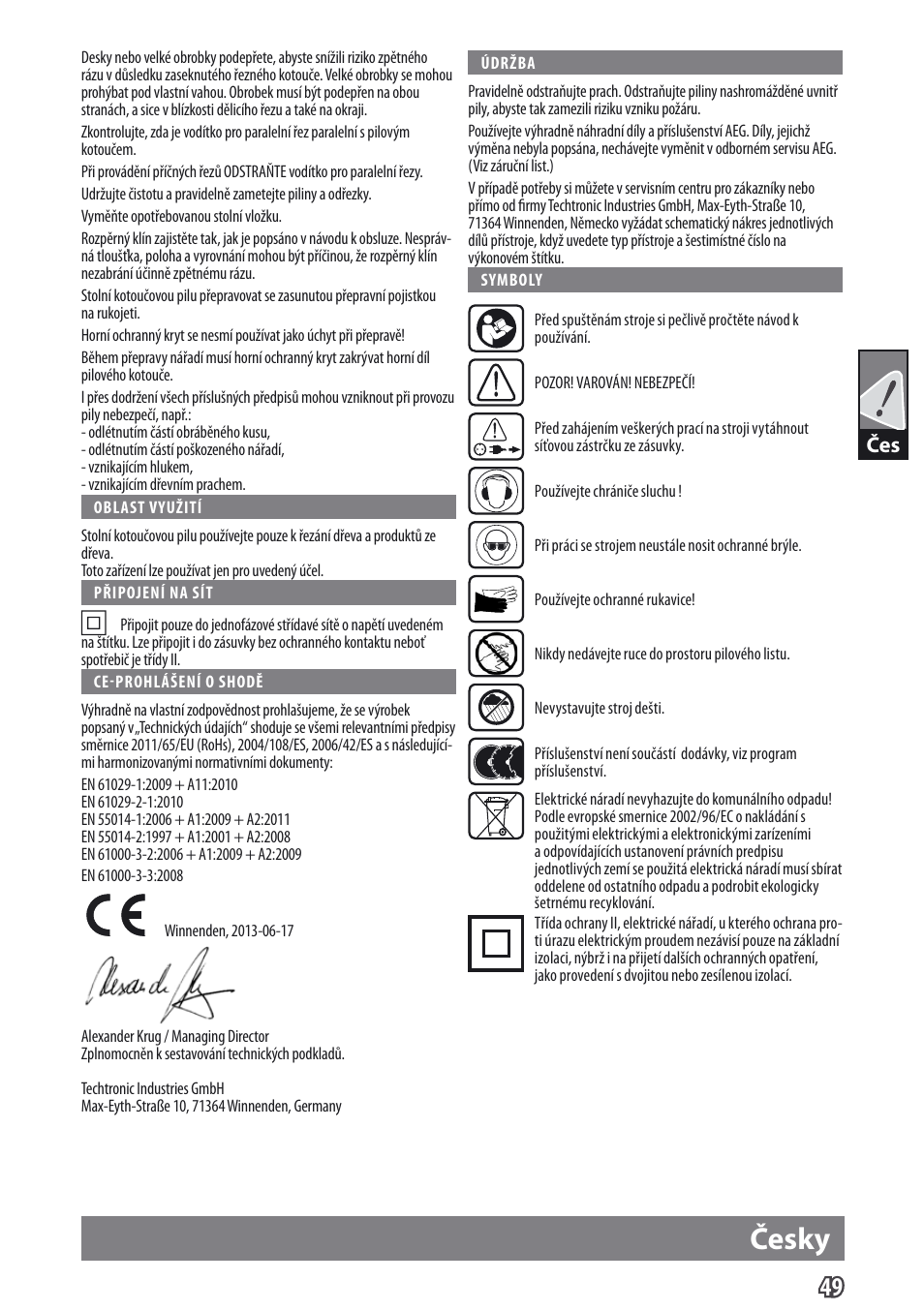 Česky | AEG TS 250 K User Manual | Page 52 / 79