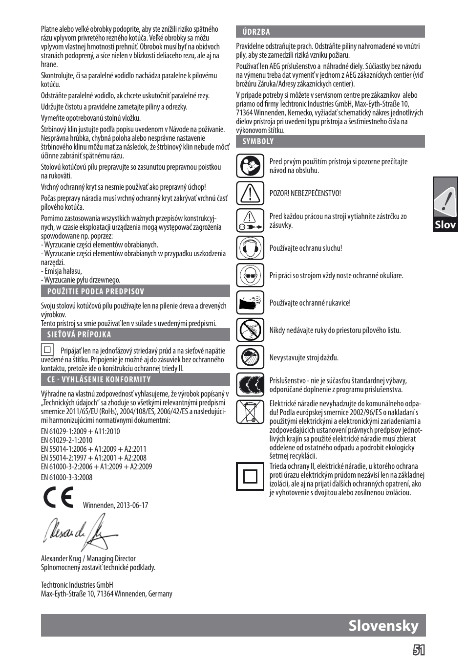 Slovensky, Slov | AEG TS 250 K User Manual | Page 54 / 79