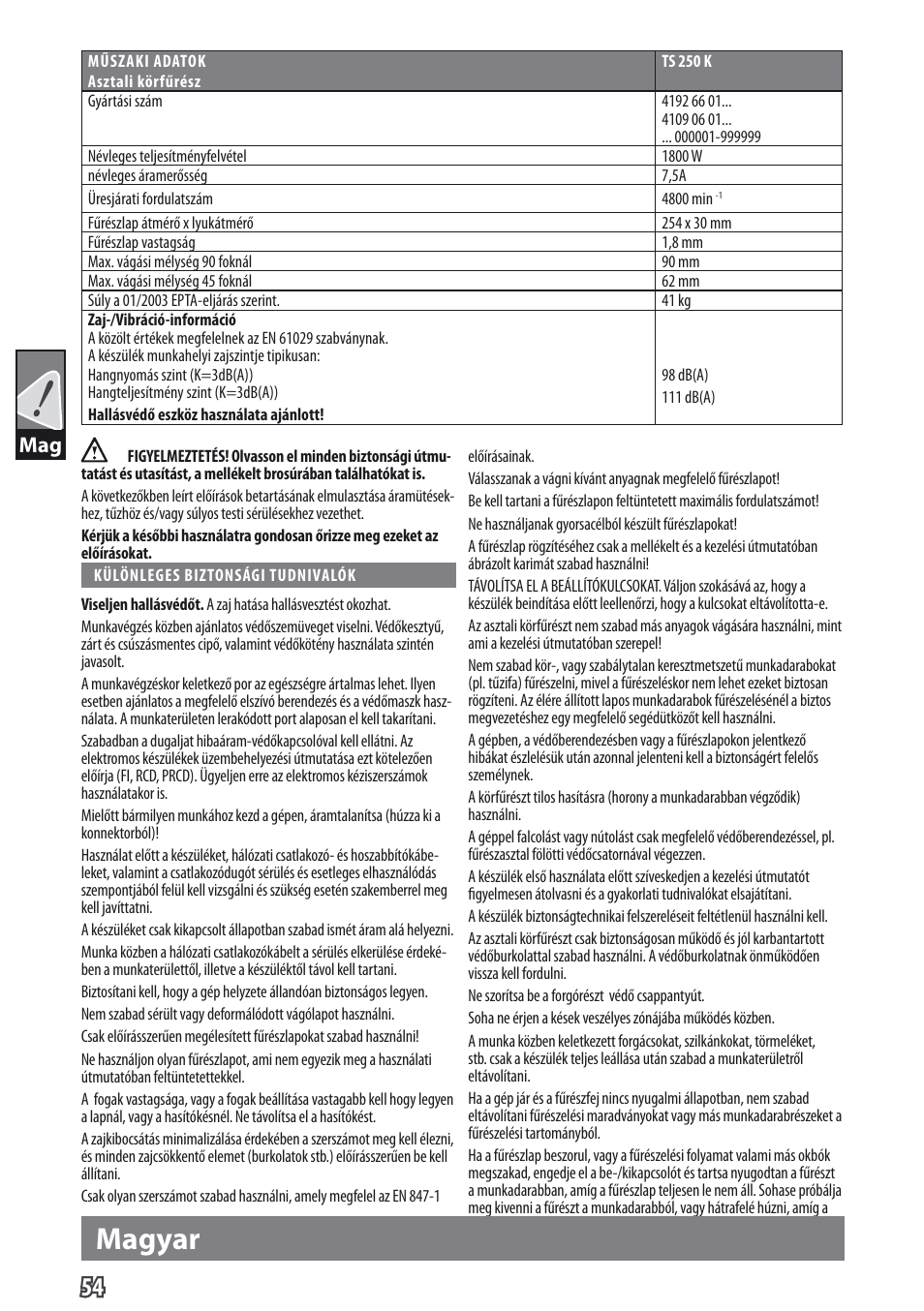 Magyar | AEG TS 250 K User Manual | Page 57 / 79